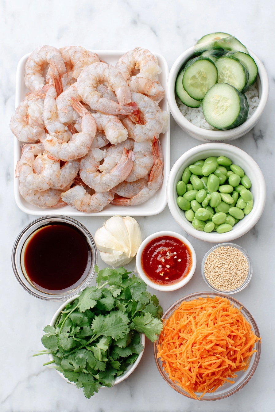 Flat lay of fresh raw shrimp with a light pink hue, a small pile of fluffy white cooked rice, a halved English cucumber with bright green seeds, a cup of vibrant green shelled edamame, thinly sliced orange shredded carrot, a whole glossy green jalapeño pepper, a small bunch of fresh cilantro leaves, a quarter cup of sliced green onion rings, a peeled whole garlic clove, a small pile of freshly grated pale yellow ginger, a small white ceramic bowl of dark reddish-brown low-sodium soy sauce, a small white ceramic bowl of bright red sweet chili sauce, a small white ceramic bowl of vibrant red Sriracha sauce, a small white ceramic bowl with golden light sesame oil, a small white ceramic bowl containing creamy pale mayo, a small white ceramic bowl filled with toasted light brown sesame seeds, and a sprinkle of crushed red pepper flakes -- all arranged with perfect symmetry and balanced proportions on a clean white marble surface, soft natural light, photo taken with an iPhone, professional food photography style, fresh ingredients, white ceramic bowls, no bottles, no duplicates, no utensils, no packaging --ar 2:3 --v 7 --p m7354615311229779997 - Spicy Shrimp Rice Bowls, spicy shrimp dinner, easy shrimp rice bowl, quick seafood recipes, flavorful shrimp meals