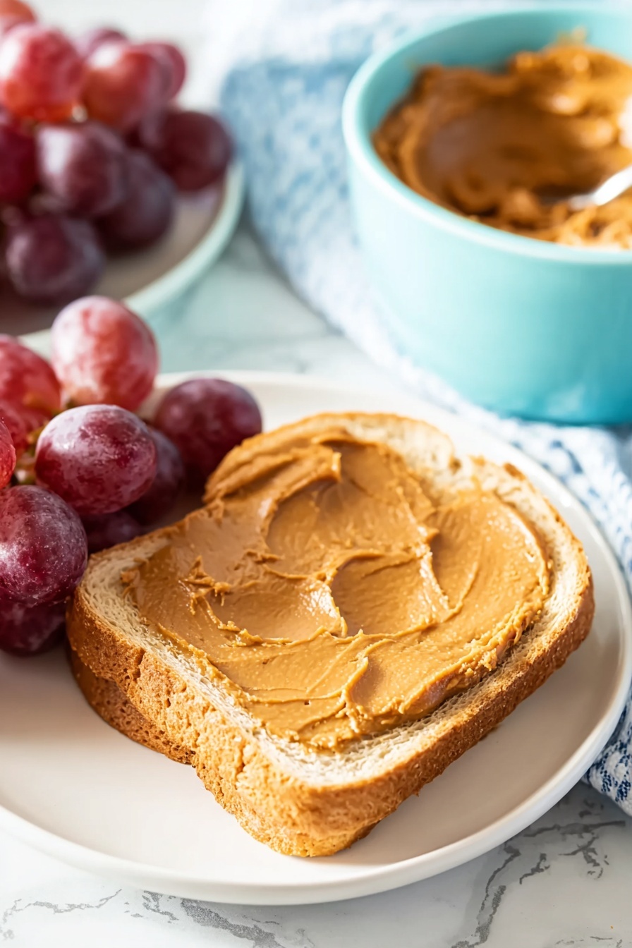 A white plate sits on a white marbled surface, holding one slice of light golden brown bread spread thickly with smooth, rich brown peanut butter. To the left of the bread are several shiny, plump dark red grapes. Behind the plate, a pale blue bowl filled with more peanut butter is visible. Soft natural light highlights the textures and colors in the scene. Photo taken with an iphone --ar 2:3 --v 7 - Homemade Cookie Butter Spread, Easy Cookie Butter Spread, Spiced Cookie Butter, Gingersnap Cookie Spread, DIY Cookie Butter