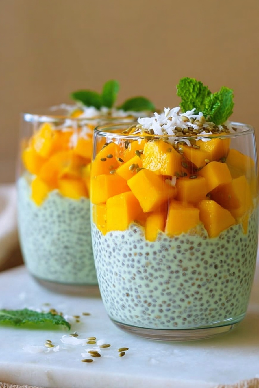 The image shows two clear glass cups filled with three layers. The bottom layer is a pale green creamy chia pudding with visible chia seeds. The middle layer consists of bright orange fresh mango cubes scattered throughout. The top layer has smaller mango pieces and is sprinkled with white coconut flakes and small seeds. A fresh green mint leaf decorates the top layer of each cup. The cups are placed on a white marbled surface with a blurred beige background. Photo taken with an iphone --ar 2:3 --v 7 - Vegan Mango Matcha Chia Pudding, healthy vegan breakfast, gluten-free chia pudding, tropical mango chia parfait, antioxidant-rich vegan snack