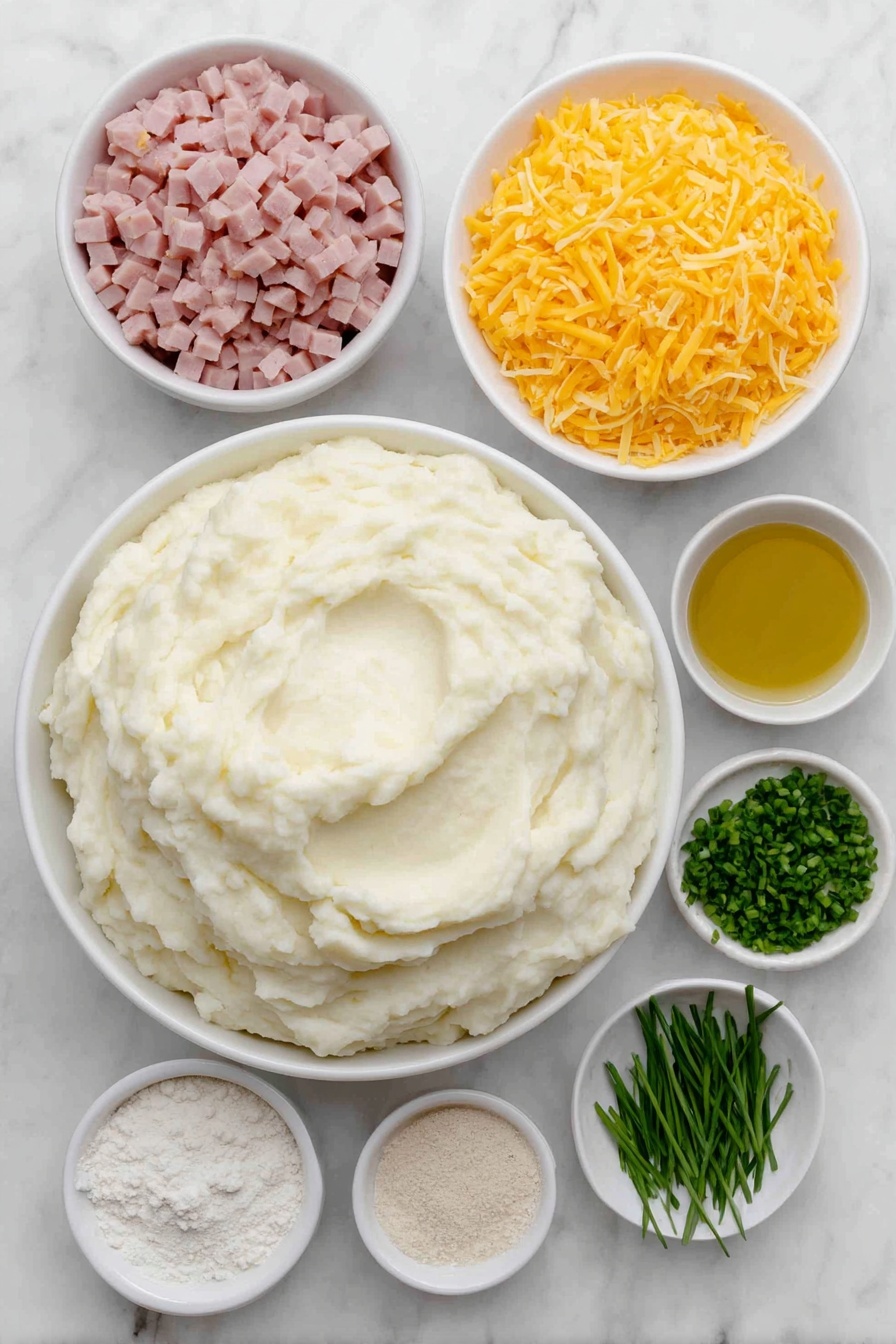 Flat lay of a large white ceramic bowl filled with smooth, creamy leftover mashed potatoes, a small white ceramic bowl of finely diced pink ham, a small white ceramic bowl heaped with bright orange shredded cheddar cheese, a small white ceramic bowl holding thinly sliced fresh green chives, a small white ceramic bowl containing pale beige garlic powder, a small white ceramic bowl with fine white all-purpose flour, and a small white ceramic bowl filled with golden vegetable oil, all perfectly arranged in balanced symmetry, placed on a clean white marble surface, soft natural light, photo taken with an iPhone, professional food photography style, fresh ingredients, white ceramic bowls, no bottles, no duplicates, no utensils, no packaging --ar 2:3 --v 7 --p m7354615311229779997 - Ham and Cheese Potato Croquettes, cheesy ham croquettes, potato croquettes with ham and cheese, savory potato bites, easy ham croquettes recipe