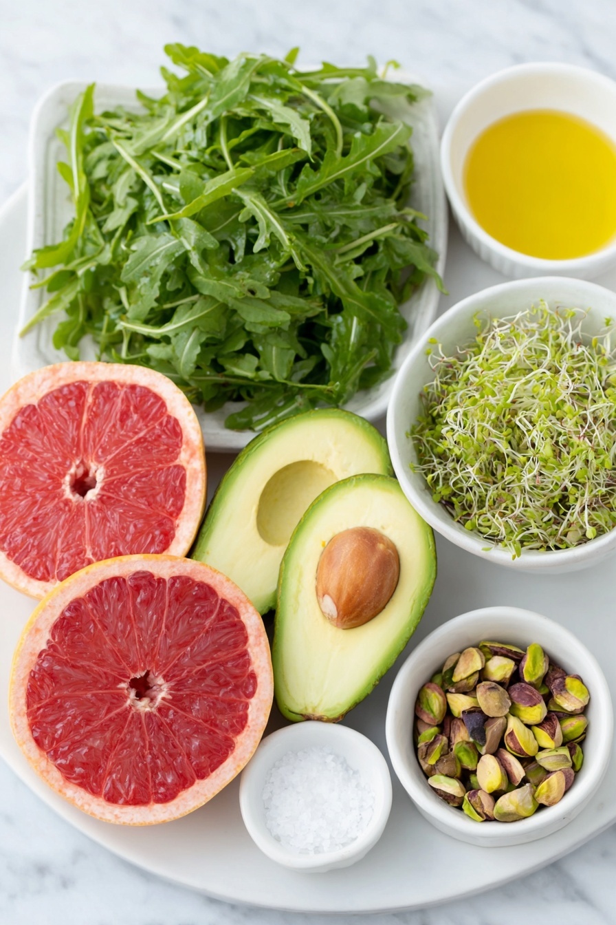 Flat lay of fresh arugula leaves spread out, two ripe but firm avocados sliced lengthwise with smooth green flesh, two ruby red grapefruits peeled and segmented showing juicy bright pink flesh, a small white ceramic bowl filled with roughly chopped pistachio nuts, a small white ceramic bowl of delicate microgreens, a small white ceramic bowl with golden olive oil, a small white ceramic bowl containing coarse sea salt flakes, all ingredients arranged in perfect symmetry on a simple white ceramic plate and bowls, placed on a clean white marble surface, soft natural light, photo taken with an iPhone, professional food photography style, fresh ingredients, white ceramic bowls, no bottles, no duplicates, no utensils, no packaging --ar 2:3 --v 7 --p m7354615311229779997 - Grapefruit and Avocado Salad with Pistachios, citrus avocado salad, healthy grapefruit salad, easy citrus salad, light summer salad