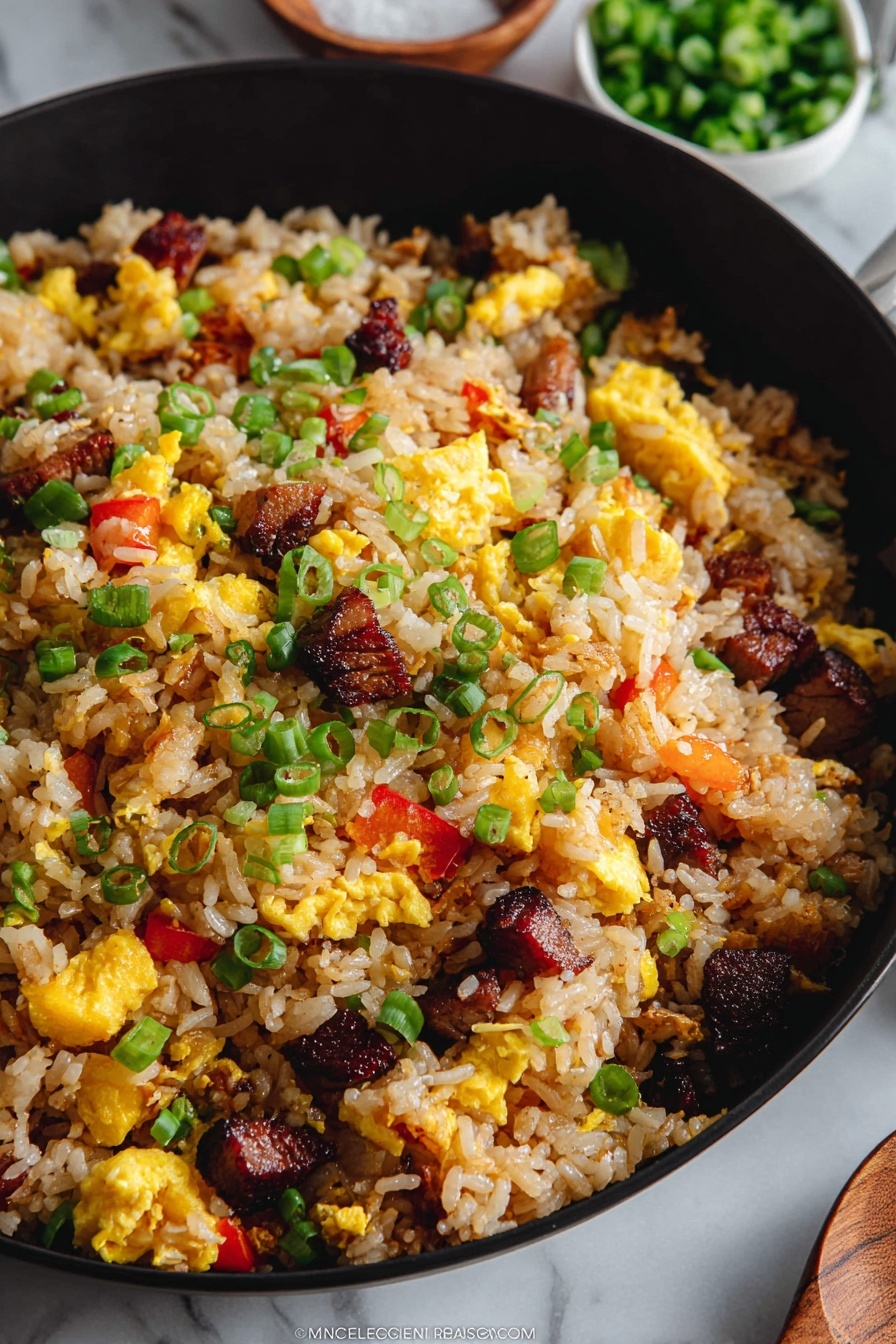The image shows a close-up of a pan filled with fried rice that has several colorful layers and textures. The base layer is light brown cooked rice mixed with scrambled yellow egg pieces, small cubes of dark brown cooked meat, and bright yellow and red bell pepper chunks. Green onion slices are scattered over the top, adding bright green color spots. The rice looks slightly crisp in some parts, and the dish appears mixed evenly. The pan is black, and around it, the background has a white marbled texture with a small white bowl of more green onions and a small wooden bowl of salt visible. Photo taken with an iphone --ar 2:3 --v 7 - Leftover Ham Pineapple Fried Rice, pineapple fried rice recipe, quick leftover fried rice, easy ham fried rice, savory pineapple rice dish