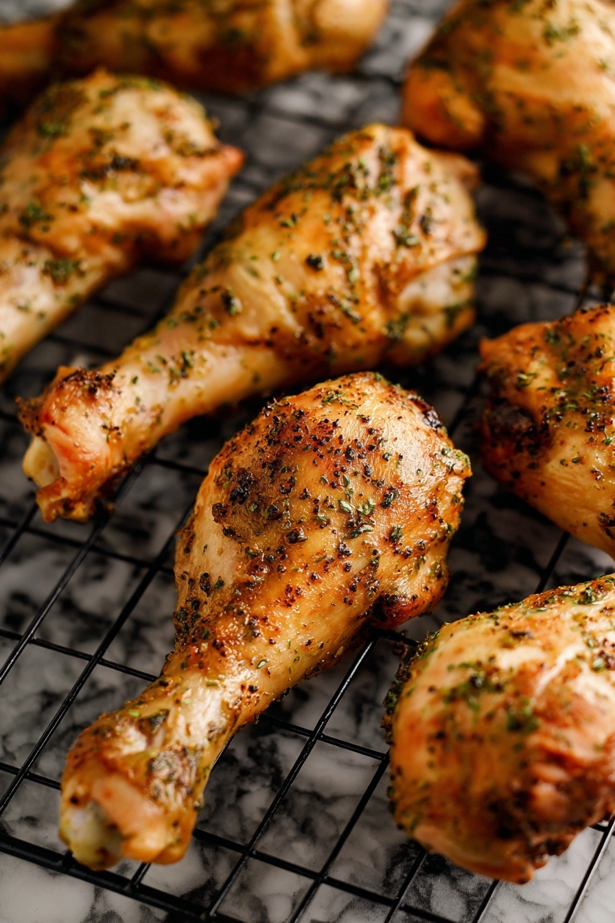 A white plate with a thin black rim is piled high with several cooked chicken drumsticks. Each drumstick has a golden-brown color with a textured surface from the herbs and spices sprinkled generously all over them. Small green bits of seasoning are visible on the chicken and scattered lightly around the plate. The plate sits on a white marbled surface, and the background is softly blurred, keeping the focus on the drumsticks. Photo taken with an iphone --ar 2:3 --v 7 - Crispy Baked Chicken Legs, baked chicken legs with crispy skin, easy baked chicken drumsticks, flavorful baked chicken thighs, crispy oven baked chicken