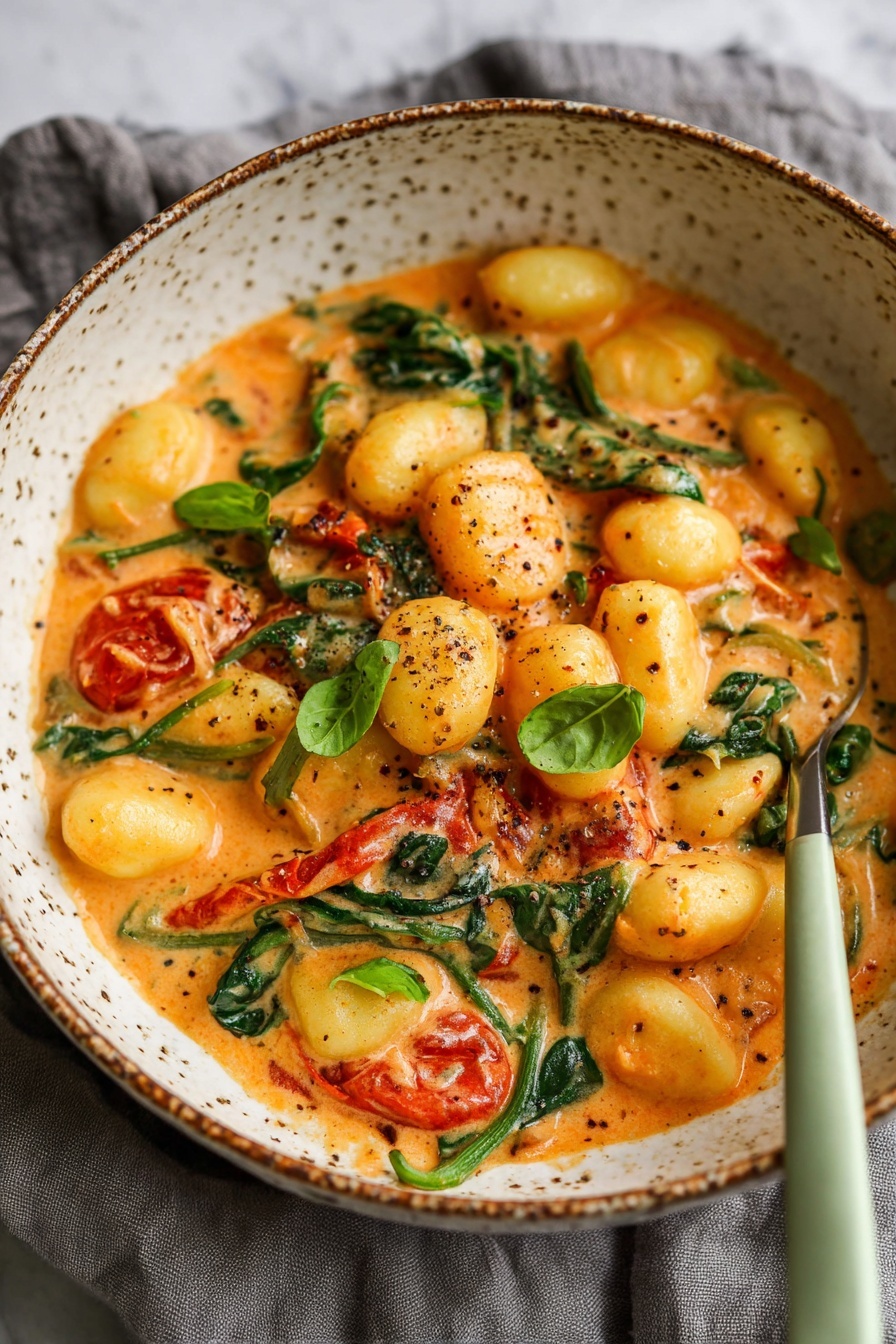 The image shows a bowl of creamy orange gnocchi dish with round gnocchi pieces mostly on top covered in orange sauce, mixed with pieces of wilted bright green spinach leaves and bits of red tomatoes. The dish has flecks of black pepper sprinkled all over. The bowl is large, white with speckled and brown rim, and sits on a grey cloth. A light green spoon handle is visible inside the bowl. The background is a white marbled texture. Photo taken with an iphone --ar 2:3 --v 7 - Creamy Roasted Tomato Gnocchi, vegan gnocchi recipes, roasted tomato pasta, easy vegan dinner, creamy tomato sauce