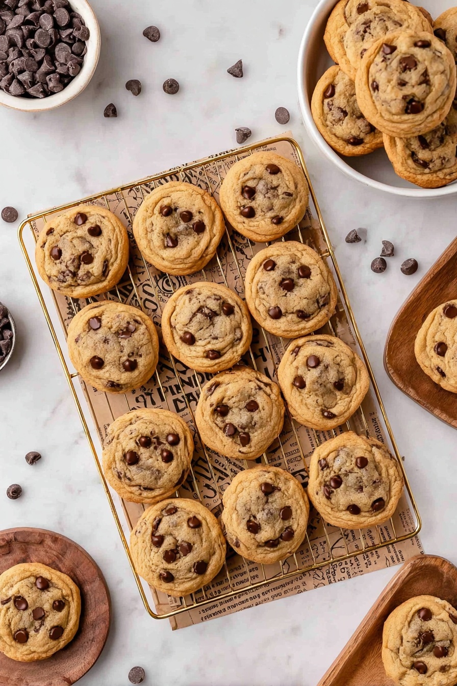 The image shows a close-up of a golden-brown cookie with a soft and slightly cracked texture, studded with dark chocolate chips both on top and inside. The cookie has a gooey, melted chocolate center that oozes out slightly where a piece is broken off. It sits on a sheet of printed parchment paper with parts of other cookies blurred in the background, all placed on a white marbled surface. photo taken with an iphone --ar 2:3 --v 7 - Brown Butter Sourdough Discard Chocolate Chip Cookies, sourdough discard cookies, brown butter cookie recipe, easy sourdough desserts, flavorful chocolate chip cookies