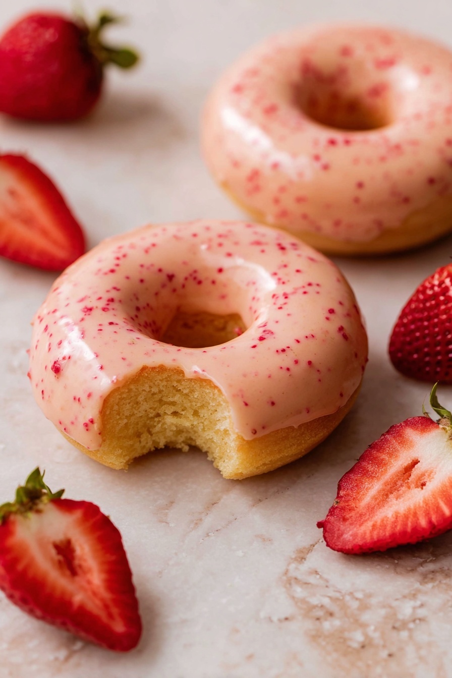 Two soft, round donuts sit on a light surface with a white marbled texture, each covered with a smooth pale pink glaze speckled with tiny red dots. One donut is whole, while the other has a single bite taken, revealing its fluffy, light yellow inside. Around the donuts, several bright red strawberries, some sliced in half showing their juicy, red and white interiors, add fresh color to the scene. Photo taken with an iphone --ar 2:3 --v 7 - Strawberry Glazed Donuts, homemade strawberry donuts, easy donut recipe, fruity glazed donuts, soft berry donuts