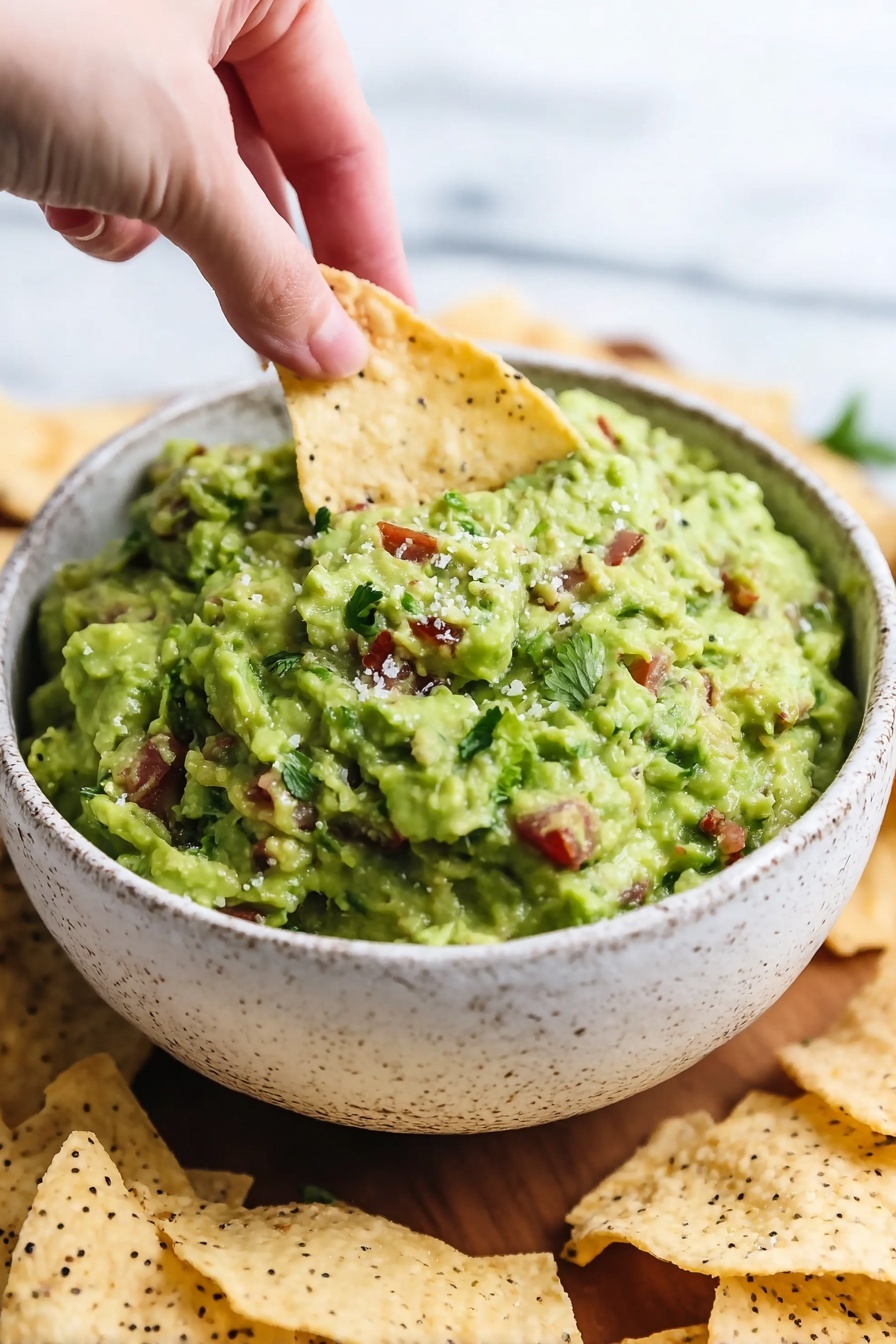 A white speckled bowl filled with chunky guacamole that has a bright green texture mixed with small pieces of red tomatoes and bits of green herbs, with a single light beige chip speckled with black seeds being dipped into the guacamole by a woman's hand. The bowl sits on a wooden surface surrounded by more chips of the same kind, all against a white marbled background. photo taken with an iphone --ar 2:3 --v 7 - Easy Homemade Guacamole, how to make guacamole, simple guacamole recipe, quick guacamole dip, best homemade guacamole