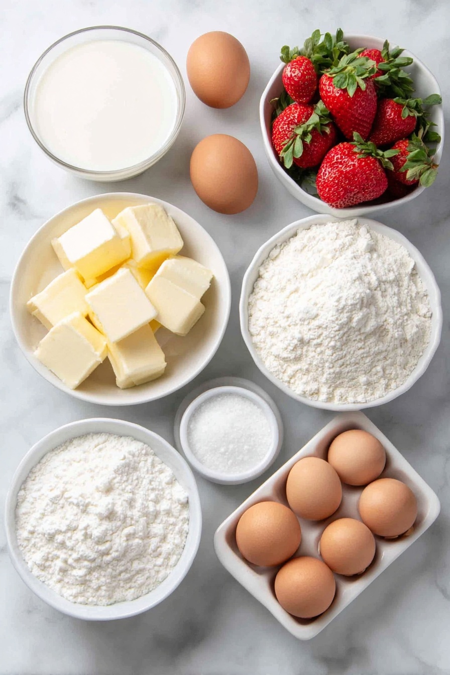 Flat lay of fresh whole milk in a small white ceramic bowl, a small white ceramic bowl of unsalted butter chunks, a small white ceramic bowl filled with cake flour, four whole uncracked brown eggs, a small white ceramic bowl of granulated sugar, a cluster of fresh whole strawberries with green leaves, a small white ceramic bowl with confectioners sugar, a small white ceramic bowl of gelatin powder, a small white ceramic bowl of cold water, a small white ceramic bowl of hot water, all arranged in perfect symmetry on a clean white marble surface, soft natural light, photo taken with an iPhone, professional food photography style, fresh ingredients, white ceramic bowls, no bottles, no duplicates, no utensils, no packaging --ar 2:3 --v 7 --p m7354615311229779997 - Japanese Strawberry Cake, Japanese Strawberry Cake Recipe, Elegant Strawberry Cake, Light and Fluffy Cake, Fresh Strawberry Dessert