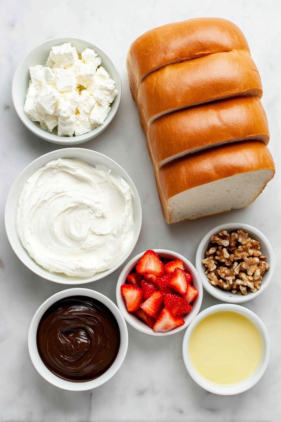 Flat lay of four thick sourdough bread slices with golden crust, a small pile of diced bright red strawberries, a small white bowl filled with creamy white cream cheese, a small white bowl of glossy dark brown Nutella spread, a small white bowl containing golden toasted walnut pieces, and a small white bowl with melted golden butter, all arranged with perfect symmetry on a clean white marble surface, soft natural light, photo taken with an iPhone, professional food photography style, fresh ingredients, white ceramic bowls, no bottles, no duplicates, no utensils, no packaging --ar 2:3 --v 7 --p m7354615311229779997 - Strawberry Nutella Bruschetta, easy fruit dessert, quick sweet appetizer, chocolate strawberry snack, no-bake fruit topping