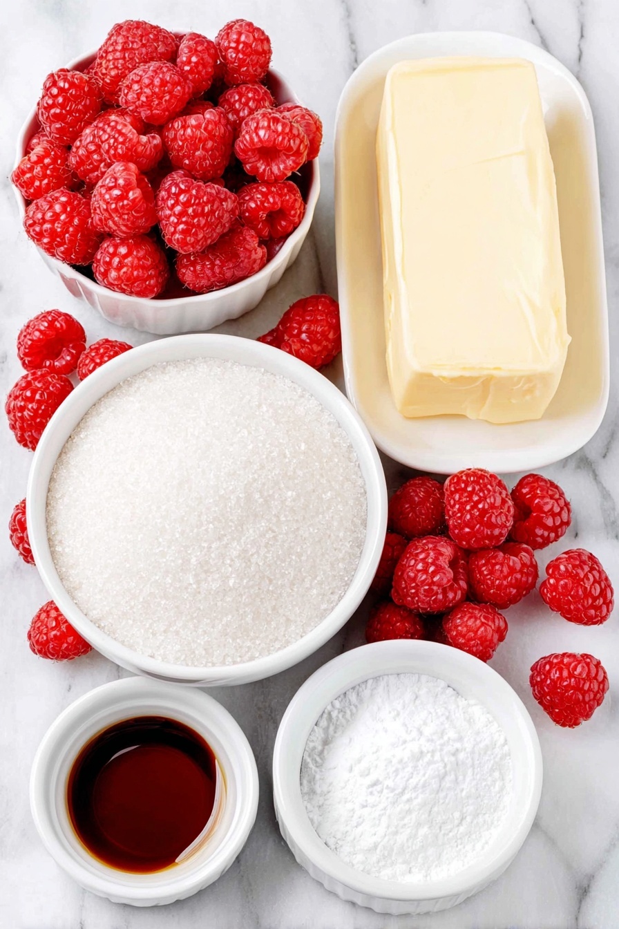 Flat lay of fresh whole raspberries scattered naturally, a small white ceramic bowl filled with granulated sugar, a small white bowl of clear water, a small white bowl with a pale powder of cornstarch, another small white bowl holding clear water for mixing, a smooth pat of salted butter on a white ceramic dish, and a small white bowl containing glossy vanilla extract, all arranged in perfect symmetry and balanced proportions, placed on a clean white marble surface, soft natural light, photo taken with an iPhone, professional food photography style, fresh ingredients, white ceramic bowls, no bottles, no duplicates, no utensils, no packaging --ar 2:3 --v 7 --p m7354615311229779997 - Quick Raspberry Sauce for Desserts, raspberry sauce recipe, easy raspberry sauce, homemade raspberry sauce, berry dessert topping