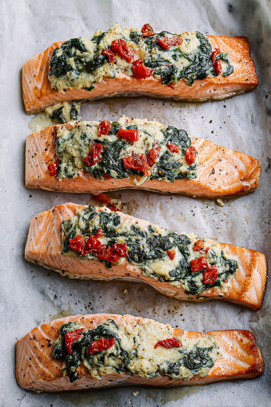 Four cooked salmon fillets lie side by side on a sheet of baking paper over a white marbled surface. Each fillet has a pink-orange base color with light grill marks and a slightly glossy texture. On top of each fillet, there is a layer of creamy white cheese mixed with dark green spinach leaves and small bright red roasted pepper chunks, slightly browned from cooking. The fillets are seasoned with small black pepper specks visible across the flesh. Photo taken with an iphone --ar 2:3 --v 7 - Stuffed Salmon with Spinach and Feta, stuffed salmon recipe, salmon fillet stuffed with spinach and feta, easy salmon dinner ideas, flavorful stuffed salmon
