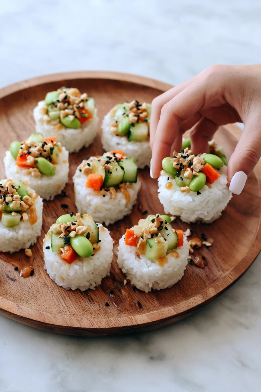 Seven small round cups made of white sticky rice form the base layer and are placed on a round wooden tray. Each rice cup holds a colorful topping made up of green edamame beans, small orange carrot pieces, light green cucumber chunks, and tiny bits of beige nuts, all sprinkled with black sesame seeds. Light brown sauce is drizzled both inside some rice cups and scattered around the tray, adding a glossy texture. A woman's hand with a light nail polish is gently picking up one of the rice cups from the right side of the tray. The background shows a white marbled surface. photo taken with an iphone --ar 2:3 --v 7 - Easy Sushi Cups with Spicy Mayo, sushi cups recipe, quick sushi appetizer, homemade sushi bites, spicy mayo sushi parfaits