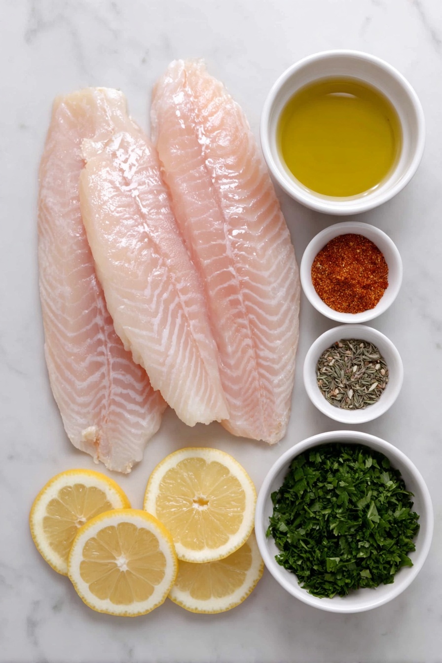 Flat lay of three fresh tilapia fillets with natural shine and texture, a small white ceramic bowl filled with golden olive oil, a small white ceramic bowl containing reddish paprika powder, a small white ceramic bowl with pale beige garlic powder, a small white ceramic bowl of dried thyme leaves, a small white ceramic bowl sprinkled with coarse kosher salt, a small white ceramic bowl of coarse ground black pepper, several bright yellow lemon wedges neatly arranged, and a small pile of vibrant green minced fresh parsley, all arranged in perfect symmetry on a clean white marble surface, soft natural light, photo taken with an iPhone, professional food photography style, fresh ingredients, white ceramic bowls, no bottles, no duplicates, no utensils, no packaging --ar 2:3 --v 7 --p m7354615311229779997 - Air Fryer Tilapia with Lemon, healthy tilapia recipes, quick fish dinner, easy seafood recipes, lemon baked fish