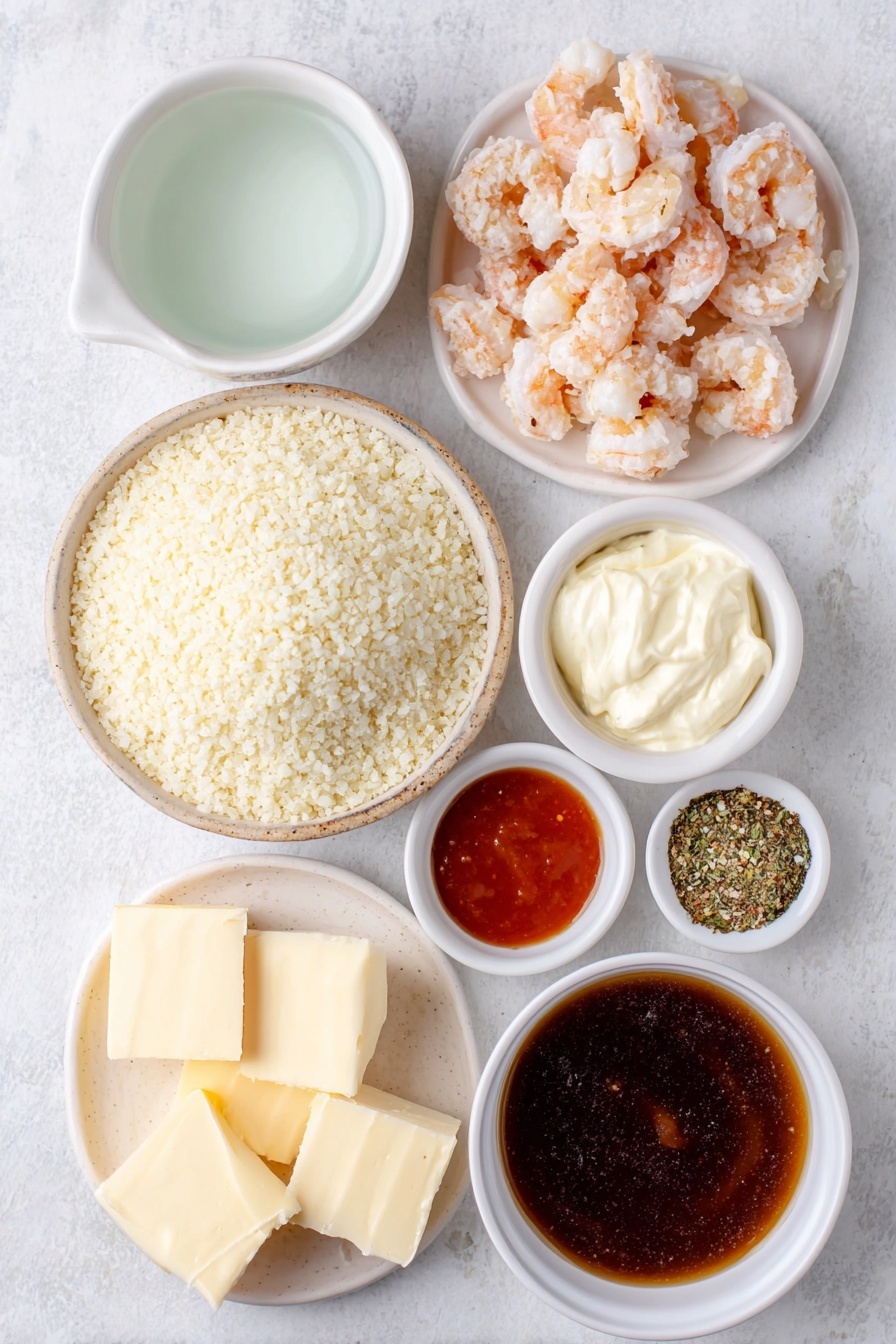 Flat lay of dry Calrose sushi rice in a small mound, a simple white ceramic bowl of clear water, a small white bowl filled with light amber seasoned rice vinegar, chopped imitation crab pieces arranged neatly on a white plate, a few golden-brown cooked tempura shrimp chopped into small segments on a white dish, a small white bowl of creamy Japanese mayonnaise, a white ceramic bowl with a smooth block of cream cheese, a small white bowl of bright red sriracha sauce, a small white bowl of green and black furikake seasoning flakes, a small white bowl of rich, dark brown unagi sauce placed on a clean white marble surface, soft natural light, photo taken with an iPhone, professional food photography style, fresh ingredients, white ceramic bowls, no bottles, no duplicates, no utensils, no packaging --ar 2:3 --v 7 --p m7354615311229779997 - Crab Sushi Bake, sushi casserole, easy sushi dinner, seafood casserole recipes, crab seafood bake
