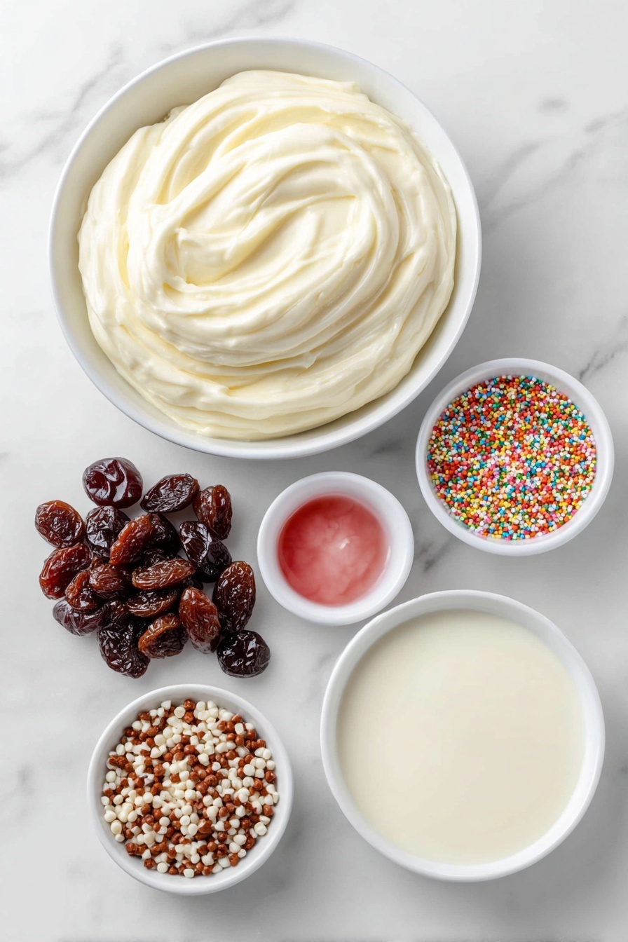 Flat lay of a simple white ceramic bowl filled with smooth white chocolate melting wafers, a small white bowl holding thick sweetened condensed milk, a tiny white bowl containing a few drops of vibrant pink gel food coloring, a handful of glossy dried cherries, and a small pile of colorful sprinkles, all arranged with perfect symmetry and balanced proportions, placed on a clean white marble surface, soft natural light, photo taken with an iPhone, professional food photography style, fresh ingredients, white ceramic bowls, no bottles, no duplicates, no utensils, no packaging --ar 2:3 --v 7 --p m7354615311229779997 - Pink White Chocolate Fudge, pink white chocolate fudge recipe, creamy white chocolate fudge, homemade pink fudge, easy white chocolate treat