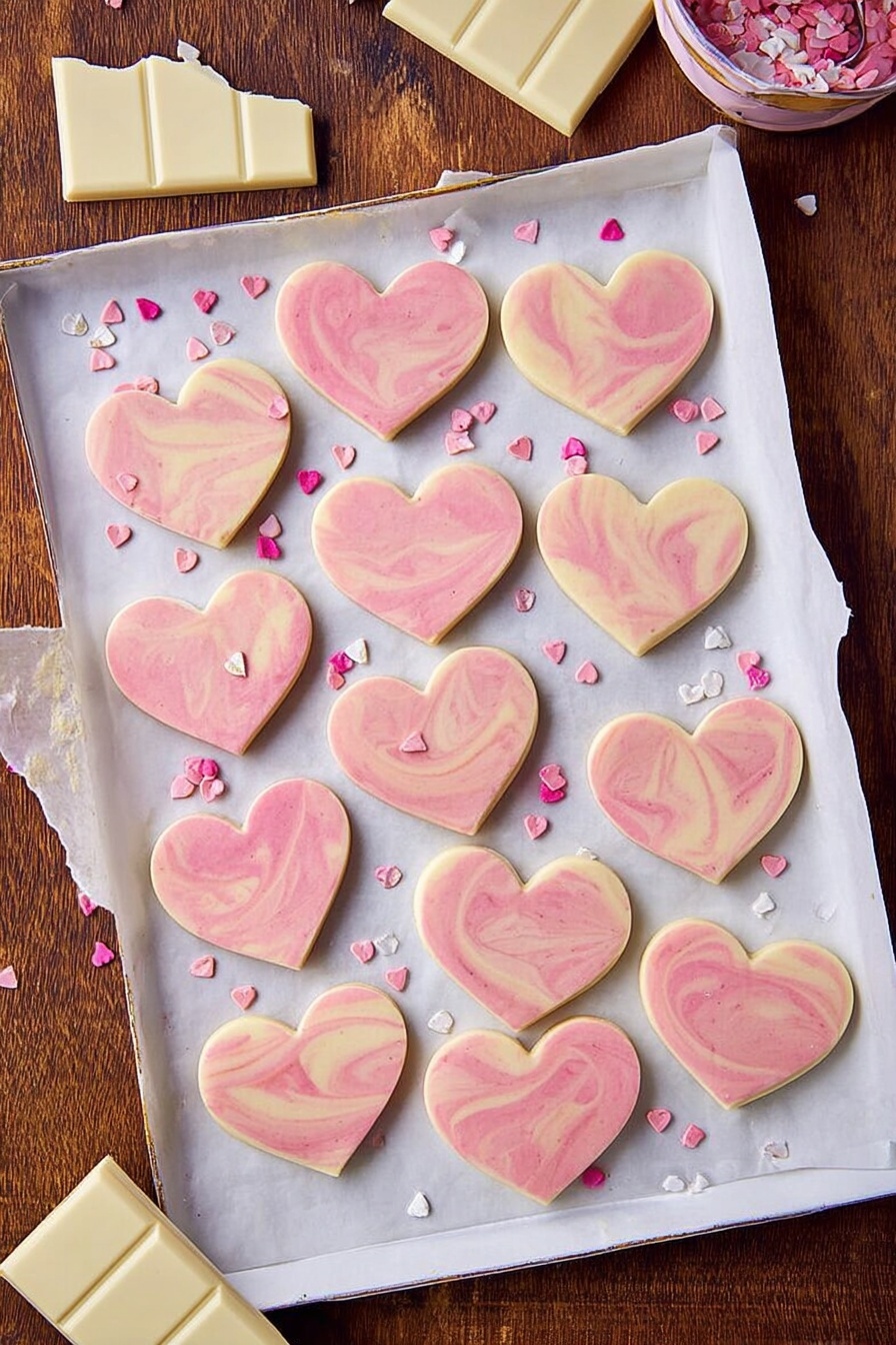 The image shows a stack of heart-shaped cookies with two visible layers. The bottom layer is a pale yellow cookie base, smooth and thick. The top layer is a pink icing with a soft marbled pattern in deeper pink shades, covering the entire cookie surface with a smooth, glossy texture. A small white heart-shaped sprinkle sits on the top right side of the top cookie. The cookies rest on a white marbled textured surface with scattered small heart-shaped sprinkles in pink and white around them. Photo taken with an iphone --ar 2:3 --v 7 - Pink White Chocolate Fudge, pink white chocolate fudge recipe, creamy white chocolate fudge, homemade pink fudge, easy white chocolate treat