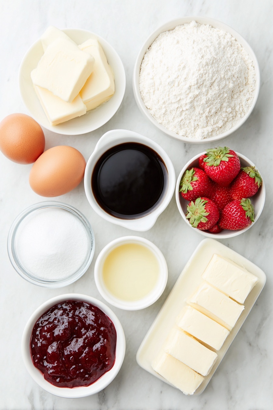 Flat lay of a small mound of pale yellow unsalted butter, a small white ceramic bowl of fine caster sugar, a small white ceramic bowl of vanilla extract, a neat pile of fine plain flour, a pinch of fine salt in a small white ceramic bowl, two whole uncracked brown eggs, a small white ceramic bowl of powdered icing sugar, two fresh bright red strawberries (one whole, one halved), a small white ceramic bowl with smooth red strawberry jam, a small white ceramic bowl of melted butter, a small white ceramic bowl of creamy milk, all evenly spaced with perfect symmetry and balanced proportions, placed on a clean white marble surface, soft natural light, photo taken with an iPhone, professional food photography style, fresh ingredients, white ceramic bowls, no bottles, no duplicates, no utensils, no packaging --ar 2:3 --v 7 --p m7354615311229779997 - Strawberry Heart Shortbread Cookies, strawberry shortbread cookies, heart-shaped cookies, buttery shortbread, strawberry jam cookies