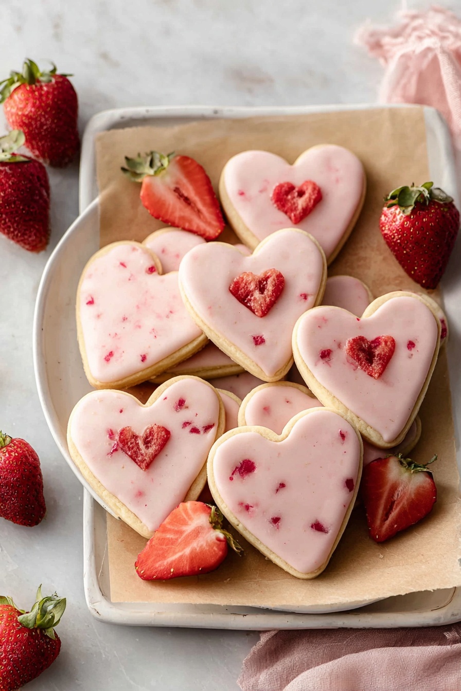 A stack of heart-shaped cookies with two layers each: a light tan cookie base and a pink frosting layer on top with little red pieces mixed in. Between the two cookie layers is a thick, glossy, bright red jam that slightly oozes out from the sides. The cookies are arranged closely together on a white marbled surface with one cookie showing a small bite taken out. The pink frosting has a smooth and shiny texture with tiny bits of red fruit visible, and one cookie near the front has a small dried strawberry piece on top. Photo taken with an iphone --ar 2:3 --v 7 - Strawberry Heart Shortbread Cookies, strawberry shortbread cookies, heart-shaped cookies, buttery shortbread, strawberry jam cookies