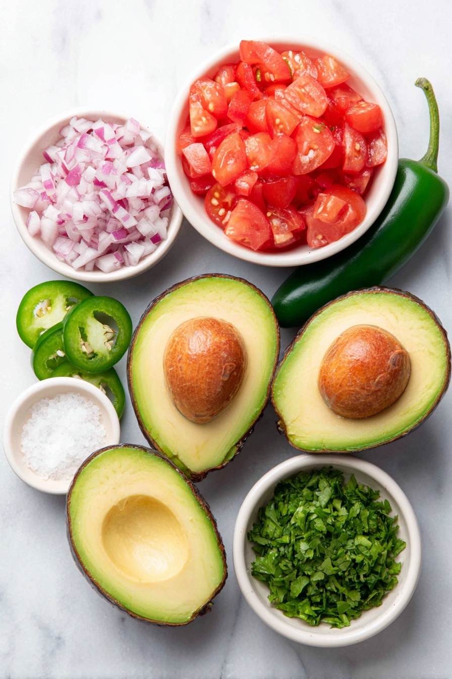 Flat lay of three ripe avocados halved showing creamy green flesh and pits, a small white ceramic bowl filled with finely chopped bright purple-red onion, a single fresh green jalapeno pepper sliced open to reveal seeds, two Roma tomatoes quartered and seeded with vibrant red diced flesh in a small white ceramic bowl, a small white bowl containing finely chopped fresh green cilantro leaves, a small white ceramic bowl with coarse white salt crystals, a small white bowl with freshly squeezed pale yellow lime juice, all arranged with perfect symmetry on a clean white marble surface, soft natural light, photo taken with an iPhone, professional food photography style, fresh ingredients, white ceramic bowls, no bottles, no duplicates, no utensils, no packaging --ar 2:3 --v 7 --p m7354615311229779997 - Easy Homemade Guacamole, how to make guacamole, simple guacamole recipe, quick guacamole dip, best homemade guacamole