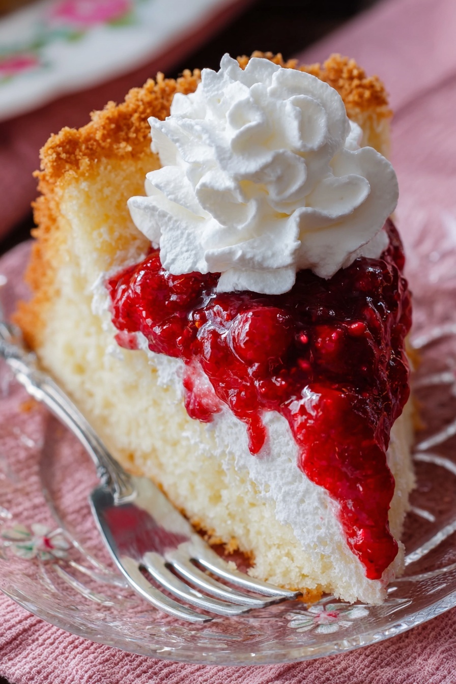 A slice of white cake with a rough golden brown crust on the edges is topped with a layer of bright red raspberry sauce with visible berry chunks, followed by a swirl of white whipped cream on top. The slice rests on a clear glass plate with floral patterns, placed on a pink textured cloth, with a silver fork next to it. photo taken with an iphone --ar 2:3 --v 7 - Quick Raspberry Sauce for Desserts, raspberry sauce recipe, easy raspberry sauce, homemade raspberry sauce, berry dessert topping