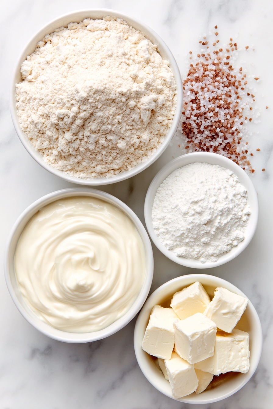 Flat lay of a small mound of unbleached all purpose flour, a few grains of coarse kosher salt beside it, a small pile of white baking soda powder, a small white ceramic bowl filled with creamy buttermilk, all placed with perfect symmetry on a clean white marble surface, soft natural light, photo taken with an iPhone, professional food photography style, fresh ingredients, white ceramic bowls, no bottles, no duplicates, no utensils, no packaging --ar 2:3 --v 7 --p m7354615311229779997 - Irish Soda Bread, Irish Soda Bread Recipe, Easy Irish Bread, Rustic Soda Bread, Traditional Irish Bread