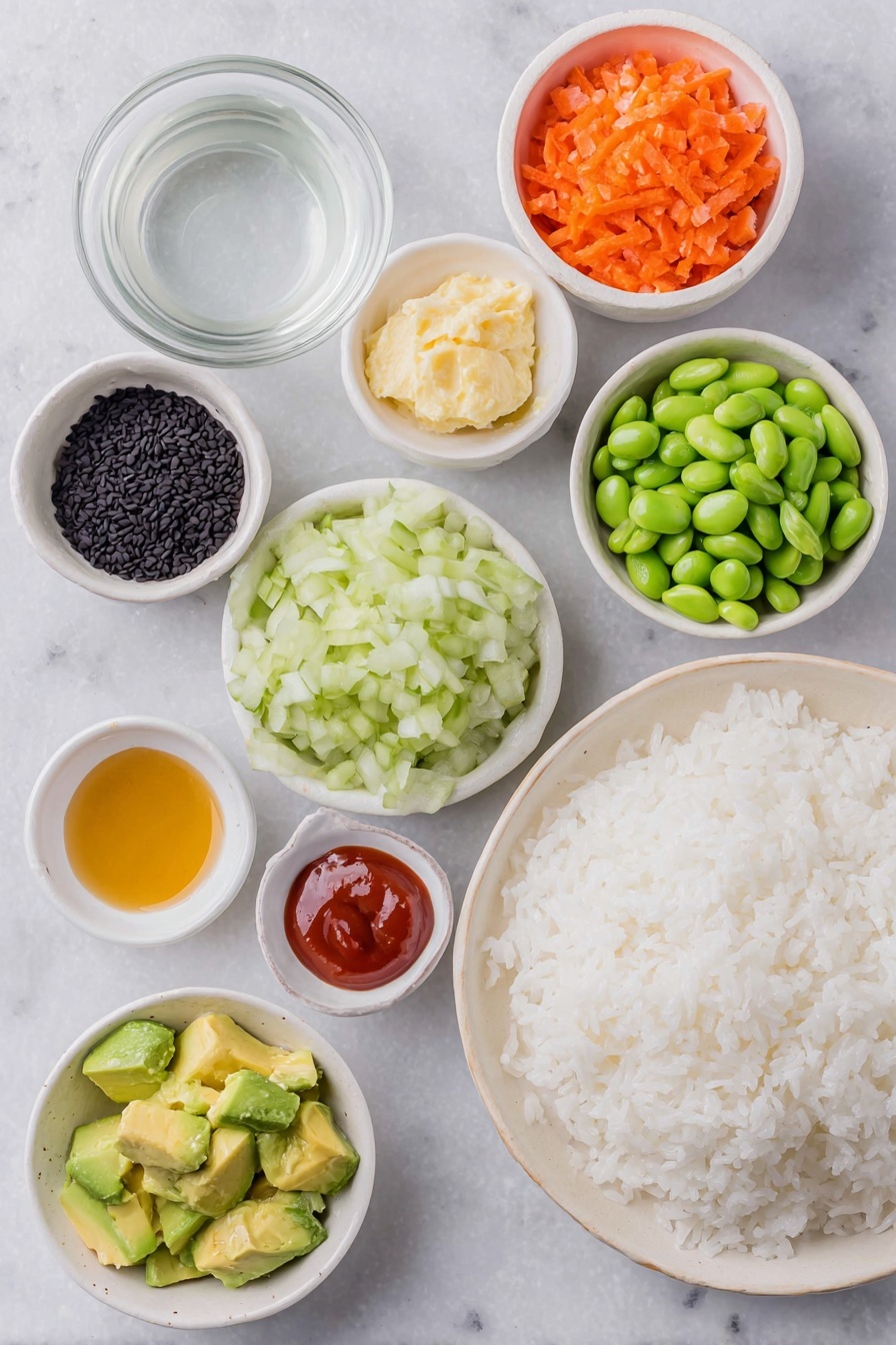 Flat lay of a small mound of glossy, cooked sushi rice on a simple white ceramic plate, a tiny white bowl filled with clear water beside it, a handful of finely chopped fresh orange carrot, green cucumber, and red bell pepper mixed together on a white ceramic dish, a small white bowl holding bright green shelled edamame, neatly diced creamy light green avocado pieces on a white plate, a small white bowl of pale creamy mayonnaise, another small white bowl with shiny reddish-orange Sriracha sauce, a tiny white bowl containing dark soy sauce, a small dish of golden honey, a little white bowl with glossy amber sesame oil, and a scattering of black sesame seeds arranged artfully on a white plate, all ingredients fresh and natural, placed on a clean white marble surface, soft natural light, photo taken with an iPhone, professional food photography style, fresh ingredients, white ceramic bowls, no bottles, no duplicates, no utensils, no packaging --ar 2:3 --v 7 --p m7354615311229779997 - Easy Sushi Cups with Spicy Mayo, sushi cups recipe, quick sushi appetizer, homemade sushi bites, spicy mayo sushi parfaits