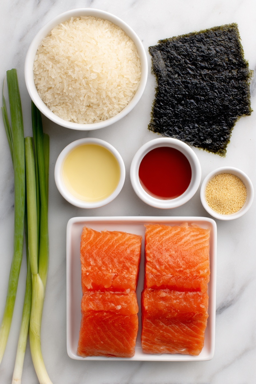 Flat lay of cubed fresh salmon, a small white bowl of light soy sauce, a small white bowl of creamy Kewpie mayo, a small white bowl of bright red Sriracha, a small white bowl of golden sesame oil, a simple mound of uncooked sushi rice, a small white bowl of clear rice vinegar mixed with white sugar, three sheets of crisp dark green nori, a small pile of furikake seasoning, and a few fresh green onion stalks, all arranged with perfect symmetry on a clean white marble surface, soft natural light, photo taken with an iPhone, professional food photography style, fresh ingredients, white ceramic bowls, no bottles, no duplicates, no utensils, no packaging --ar 2:3 --v 7 --p m7354615311229779997 - Baked Salmon Sushi Cups, sushi cups with salmon, easy baked sushi bites, salmon sushi appetizer, no-roll sushi recipes