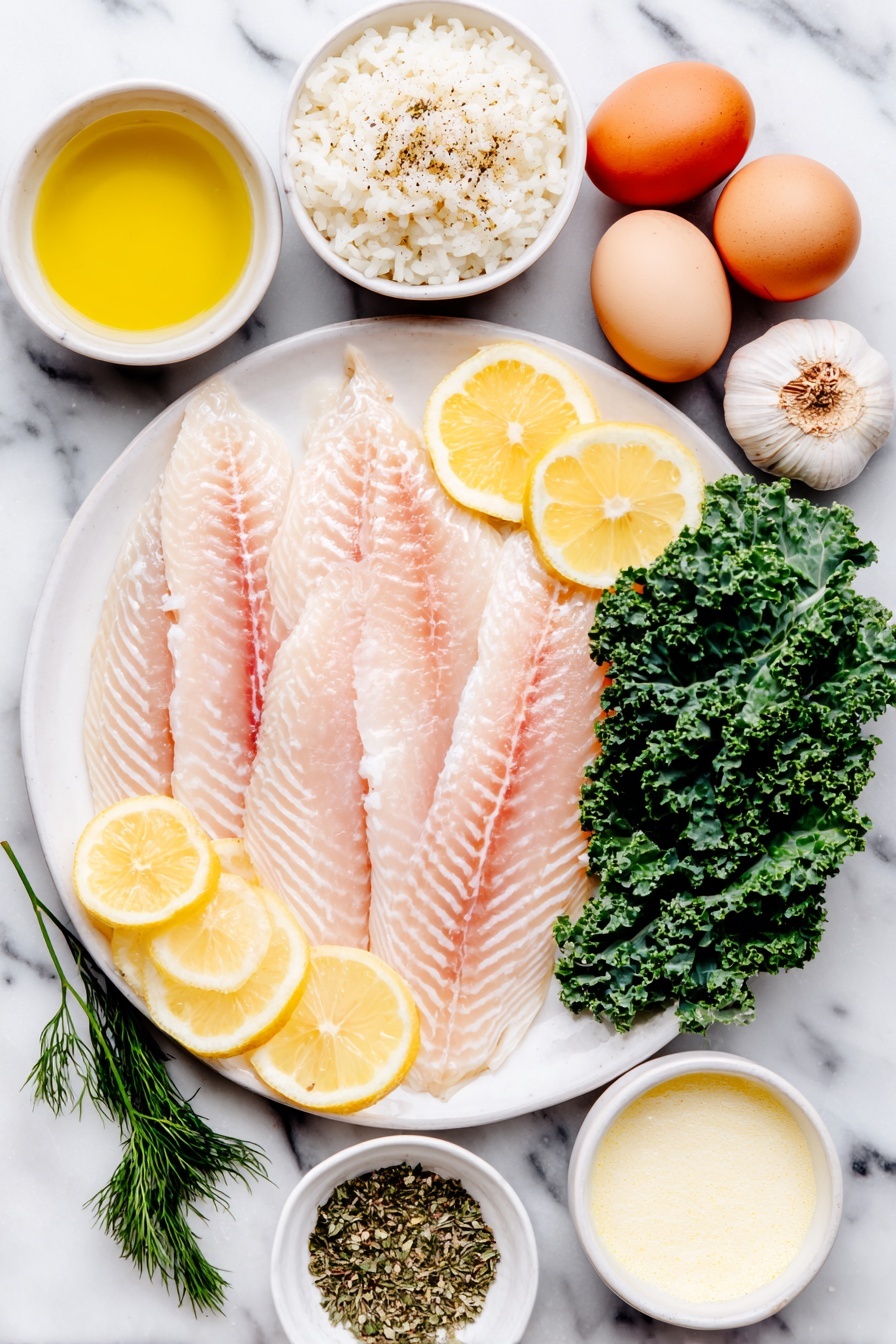 Flat lay of fresh raw tilapia fillets with thin lemon slices, whole uncracked brown eggs, a small mound of cooked fluffy basmati rice on a simple white ceramic plate, a few vibrant green kale leaves, several whole garlic cloves, a small white ceramic bowl of extra virgin olive oil, another small white bowl filled with creamy coconut milk, a small white bowl containing vegetable stock, a tiny white bowl with freshly squeezed lemon juice, a small white bowl of grated dairy-free parmesan cheese, and a neat arrangement of dried herbs (parsley, oregano, basil, thyme, dill) in a small white bowl placed symmetrically, all ingredients fresh and natural, placed on a clean white marble surface, soft natural light, photo taken with an iPhone, professional food photography style, fresh ingredients, white ceramic bowls, no bottles, no duplicates, no utensils, no packaging --ar 2:3 --v 7 --p m7354615311229779997 - Creamy Lemon Garlic Tilapia, Lemon Garlic Fish Dinner, Easy Fish Recipes, Dairy-Free Fish Meal, Quick Weeknight Dinner