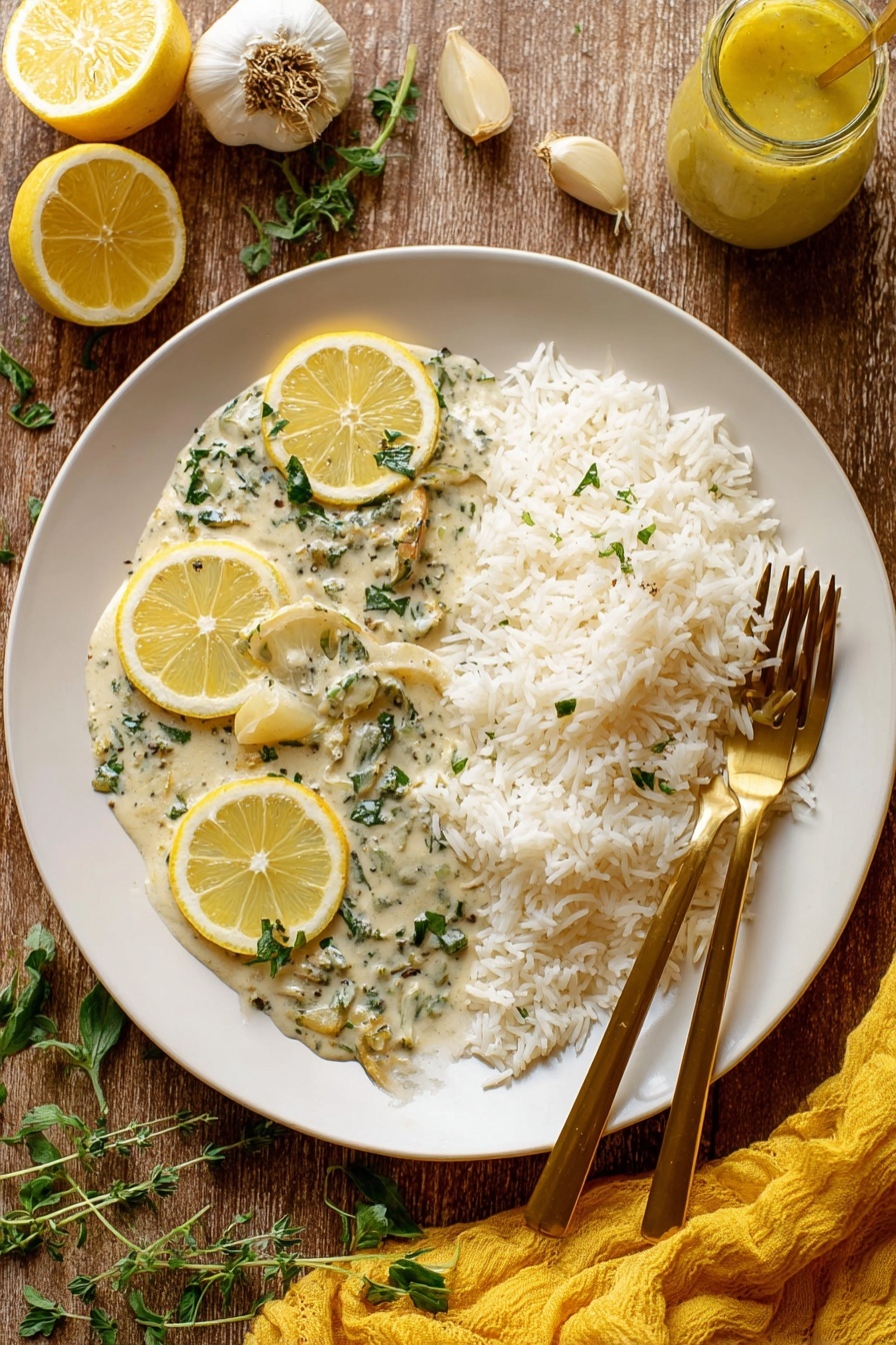 A white plate holds two main layers: on the right side is a pile of white rice with a soft, fluffy texture, while the left side features a creamy, pale green sauce with visible herbs and small vegetable chunks. On top of the sauce lie thin, yellow lemon slices, some partially covered by the sauce. Two golden forks rest on the right edge of the plate, one slightly placed on the rice. The plate sits on a rustic wooden surface with a bulb of garlic and sprigs of fresh green herbs nearby. A cut lemon half and a jar of yellow sauce are also visible around the plate. A yellow cloth is partially in the frame at the bottom right. Photo taken with an iphone --ar 2:3 --v 7 - Creamy Lemon Garlic Tilapia, Lemon Garlic Fish Dinner, Easy Fish Recipes, Dairy-Free Fish Meal, Quick Weeknight Dinner