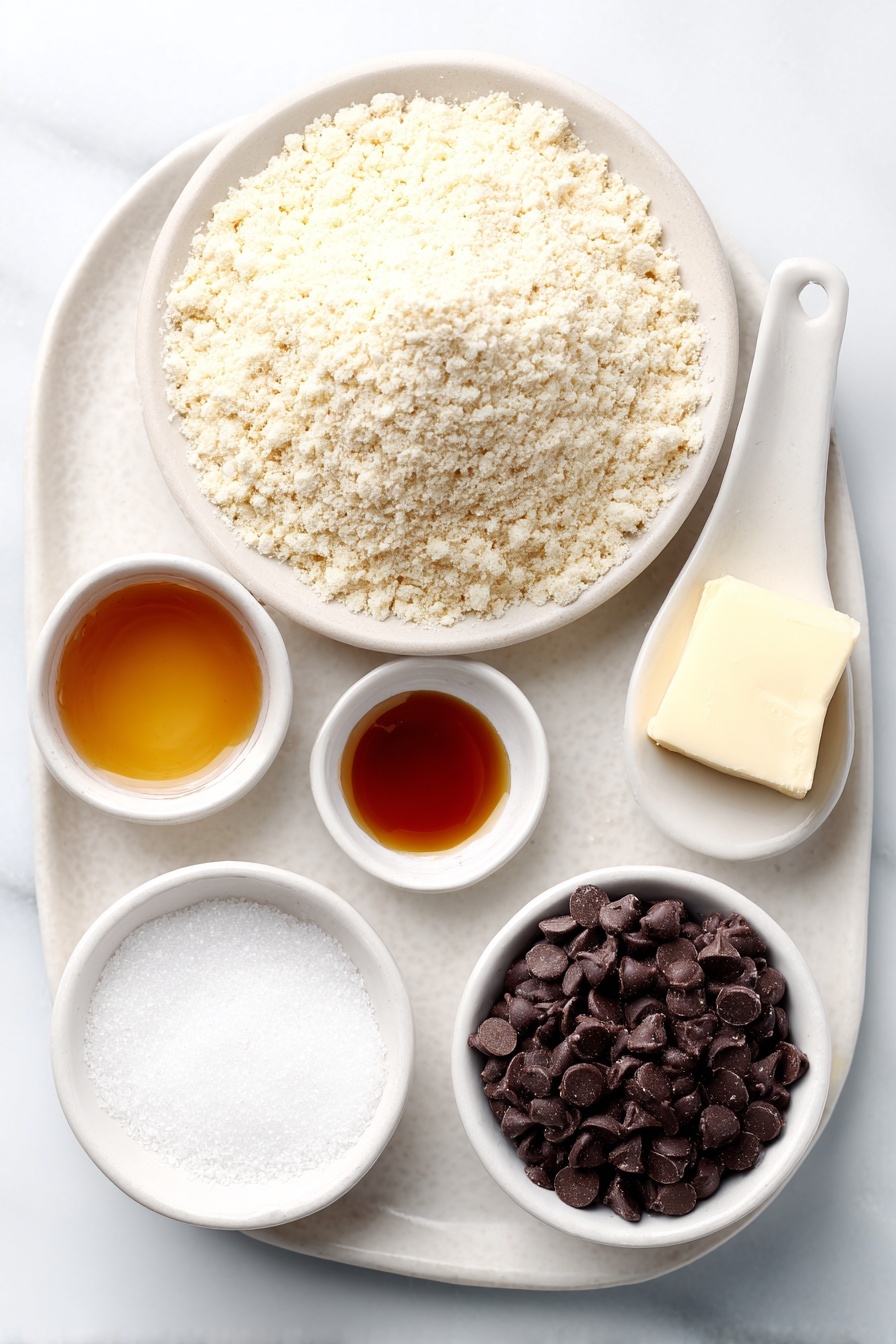 Flat lay of a small mound of blanched almond flour on a white ceramic plate, a small white bowl with fine coconut flour, a small white bowl containing melted vegan butter with a golden sheen, a small white bowl filled with amber maple syrup, a small white bowl holding clear vanilla extract, a tiny pinch of salt displayed as a small pile of fine white grains on a white ceramic spoon-shaped dish, and a handful of glossy dark chocolate chips on a white ceramic plate, all arranged symmetrically and naturally placed on a clean white marble surface, soft natural light, photo taken with an iPhone, professional food photography style, fresh ingredients, white ceramic bowls, no bottles, no duplicates, no utensils, no packaging --ar 2:3 --v 7 --p m7354615311229779997 - Vegan Cookie Dough Balls, healthy vegan snacks, plant-based dessert bites, no-bake vegan treats, vegan snack ideas