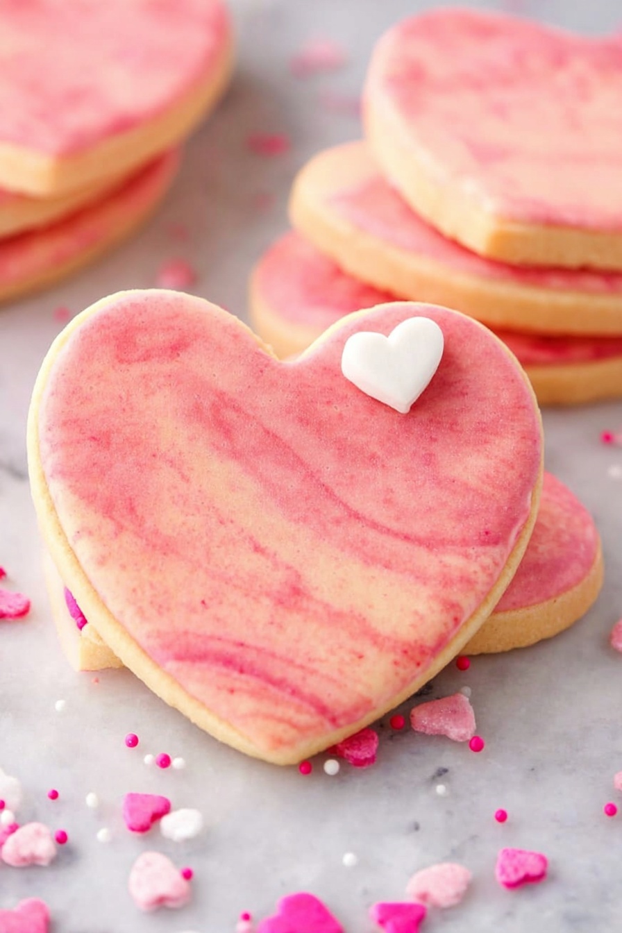The image shows several heart-shaped cookies with a smooth, pale pink coating that has subtle darker pink speckles all over. The cookies are stacked and also scattered on a white marbled surface. The texture of the coating looks soft and matte with a slight sheen, giving the cookies a delicate appearance. Some round cookies with the same pink color are visible in the foreground, one of which has a small pink heart-shaped decoration on top. The background is bright and softly blurred, emphasizing the cookies in the front. photo taken with an iphone --ar 2:3 --v 7 - Pink White Chocolate Fudge, pink white chocolate fudge recipe, creamy white chocolate fudge, homemade pink fudge, easy white chocolate treat