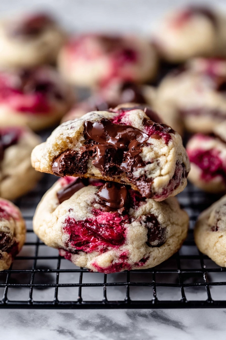The image shows a close-up of soft, round cookies stacked with one on top that is broken open to reveal melted dark chocolate inside. The cookies have creamy beige dough with swirls of bright red berries throughout and chunks of shiny dark brown chocolate embedded on the surface. They rest on a black wire cooling rack with more cookies scattered in the blurry background. The scene is set on a white marbled surface, making the vibrant colors of the cookies stand out vividly. photo taken with an iphone --ar 2:3 --v 7 - Raspberry Chocolate Chunk Cookies, raspberry chocolate cookies, fruity chocolate cookies, easy raspberry cookies, chocolate chunk cookies