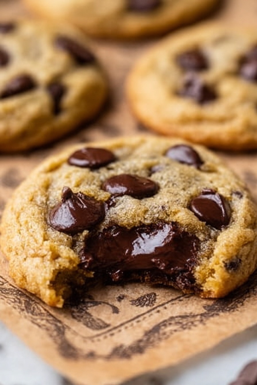 A batch of about fifteen round chocolate chip cookies is shown, all golden brown with visible dark chocolate chips scattered on top. They are laid out on a gold wire cooling rack that sits on a sheet of brown parchment paper with printed text. To the top right, more cookies are stacked in a white bowl, and a few loose cookies sit on small wooden trays and around the rack. There is a white bowl filled with dark chocolate chips placed at the upper left. The whole scene rests on a white marbled surface. photo taken with an iphone --ar 2:3 --v 7 - Brown Butter Sourdough Discard Chocolate Chip Cookies, sourdough discard cookies, brown butter cookie recipe, easy sourdough desserts, flavorful chocolate chip cookies