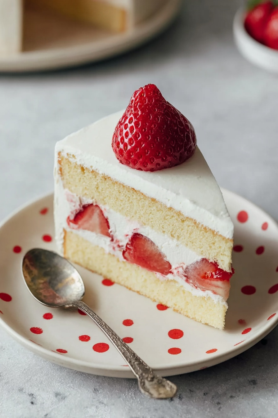A round cake with smooth white frosting covers the top and sides evenly. The cake has two visible layers, with a thin light sponge layer just above the base visible through the frosting. On the top surface, there are seven whole bright red strawberries placed in a circle near the edges, each strawberry standing upright with its pointed end up. The cake sits on a simple silver cake board, which is placed on a white marbled surface. In the background, there is a striped gray cloth and a small white bowl with sliced strawberries. photo taken with an iphone --ar 2:3 --v 7 - Japanese Strawberry Cake, Japanese Strawberry Cake Recipe, Elegant Strawberry Cake, Light and Fluffy Cake, Fresh Strawberry Dessert