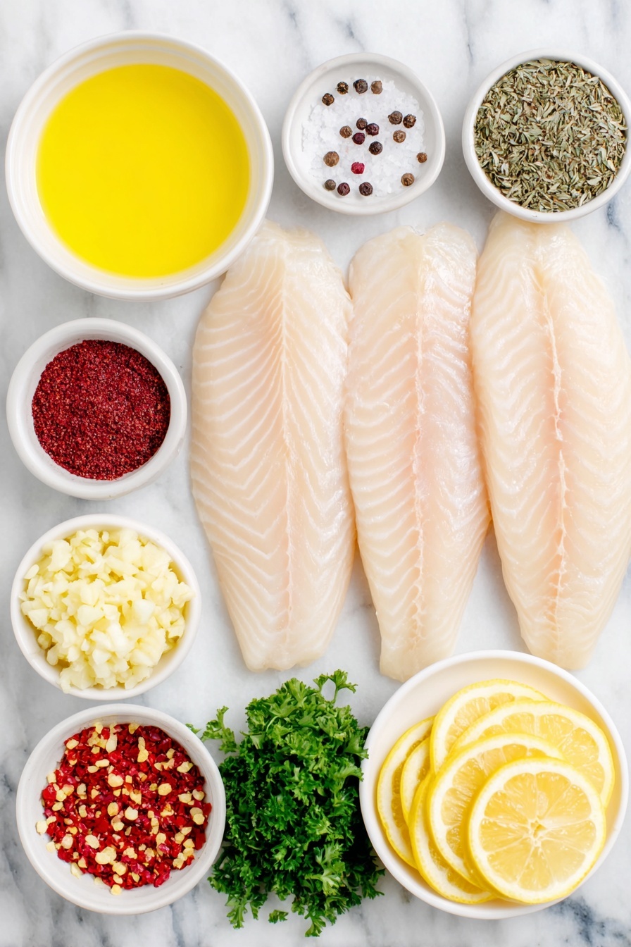 Flat lay of four fresh tilapia fillets with smooth, pale pink flesh, a small pile of coarse salt and freshly ground black peppercorns, a tiny mound of deep red paprika powder, a small heap of dried greenish-brown thyme leaves, a small heap of dried oregano leaves, a simple white ceramic bowl holding melted golden butter, a small white bowl filled with finely minced fresh garlic cloves, a white bowl with bright yellow freshly squeezed lemon juice, a small bowl containing vibrant yellow lemon zest, thin bright yellow lemon slices arranged neatly on a white plate, a few small red pepper flakes scattered gently, and a small bunch of vibrant green chopped fresh parsley all arranged symmetrically and balanced, placed on a clean white marble surface, soft natural light, photo taken with an iPhone, professional food photography style, fresh ingredients, white ceramic bowls, no bottles, no duplicates, no utensils, no packaging --ar 2:3 --v 7 --p m7354615311229779997 - Garlic Butter Oven Baked Tilapia, baked tilapia recipes, easy seafood dinner, healthy fish recipes, quick fish fillet ideas