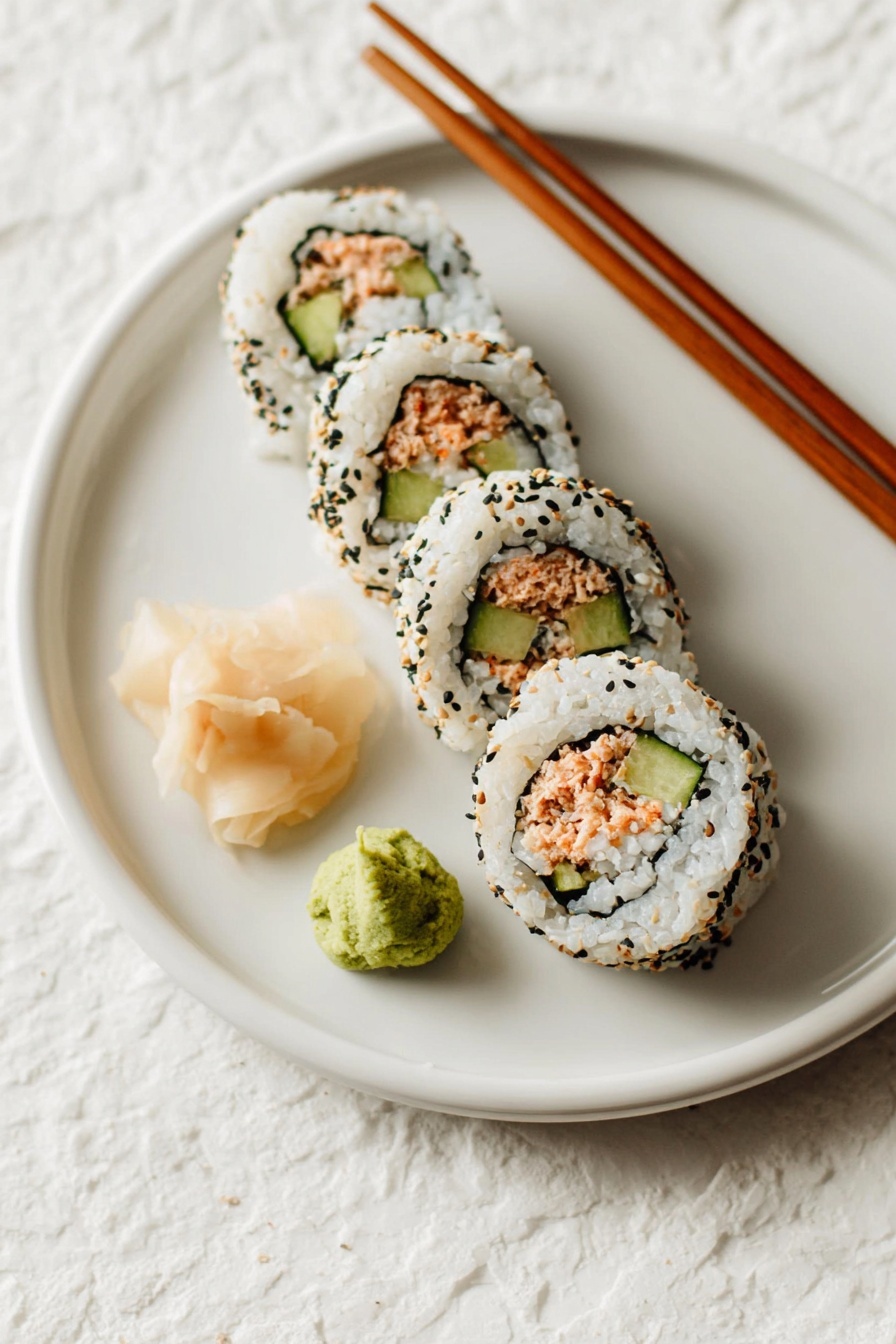 A white plate holds five sushi rolls lined up diagonally, each roll wrapped in a layer of white rice sprinkled with black and toasted sesame seeds. Inside the rolls, there is a dark seaweed layer lining the rice, with bright green cucumber pieces and a pinkish-orange textured filling in the center. Next to the rolls on the plate are two small mounds: one of green wasabi and one of light beige pickled ginger. Two wooden chopsticks rest on the upper right edge of the plate. The plate sits on a white marbled textured surface. photo taken with an iphone --ar 2:3 --v 7 - Spicy Tuna Sushi Roll, sushi roll recipe, homemade sushi, spicy tuna sushi, easy sushi recipes