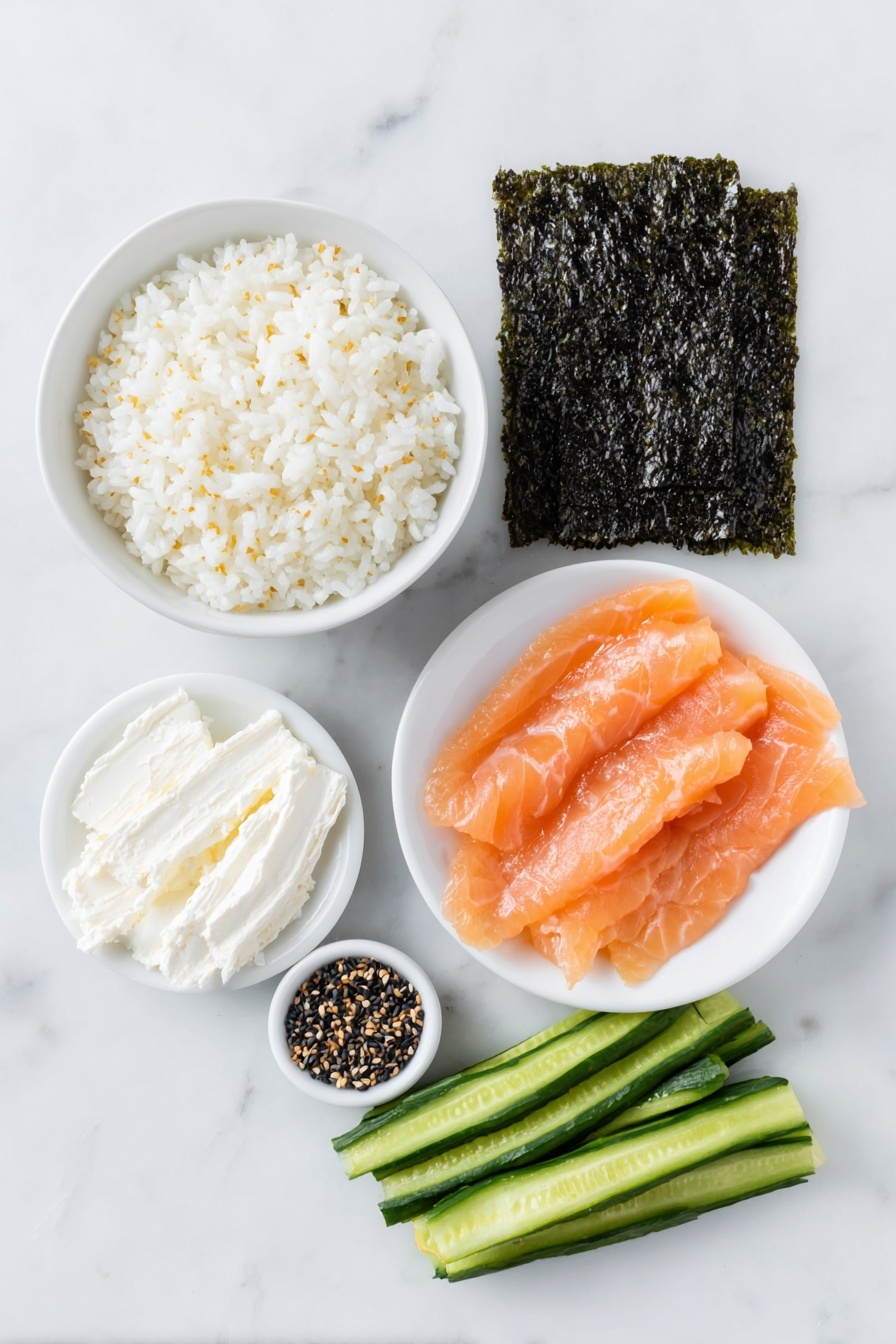 Flat lay of a simple white ceramic bowl filled with glossy, seasoned sushi rice, a few whole sheets of roasted nori seaweed stacked neatly, several long strips of creamy white cream cheese arranged side by side, thinly sliced translucent smoked salmon pieces fanned out delicately, a small pile of fresh julienned cucumber sticks with vibrant green skin, a tiny white bowl holding scattered black toasted sesame seeds, all placed on a clean white marble surface, soft natural light, photo taken with an iPhone, professional food photography style, fresh ingredients, white ceramic bowls, no bottles, no duplicates, no utensils, no packaging --ar 2:3 --v 7 --p m7354615311229779997 - Cream Cheese and Salmon Sushi Rolls, sushi rolls with cream cheese and salmon, homemade sushi recipes, easy sushi roll ideas, beginner sushi recipes