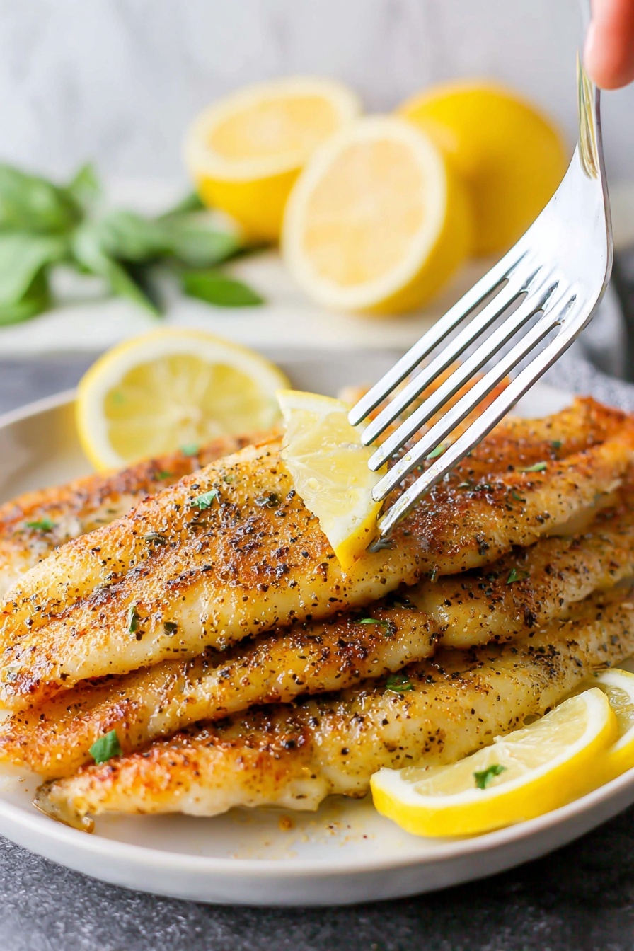The image shows a white plate with three cooked fish fillets stacked on top of each other. Each fillet is golden brown with a slightly crispy texture, sprinkled evenly with black pepper and herbs. There are thin lemon slices placed between the fillets and on top as decoration. A metal spatula is lifting the top fillet, held by a woman's hand. The background features a white marbled texture with out-of-focus lemon halves and green herb leaves for color contrast. Photo taken with an iphone --ar 2:3 --v 7 - Air Fryer Tilapia with Lemon, healthy tilapia recipes, quick fish dinner, easy seafood recipes, lemon baked fish