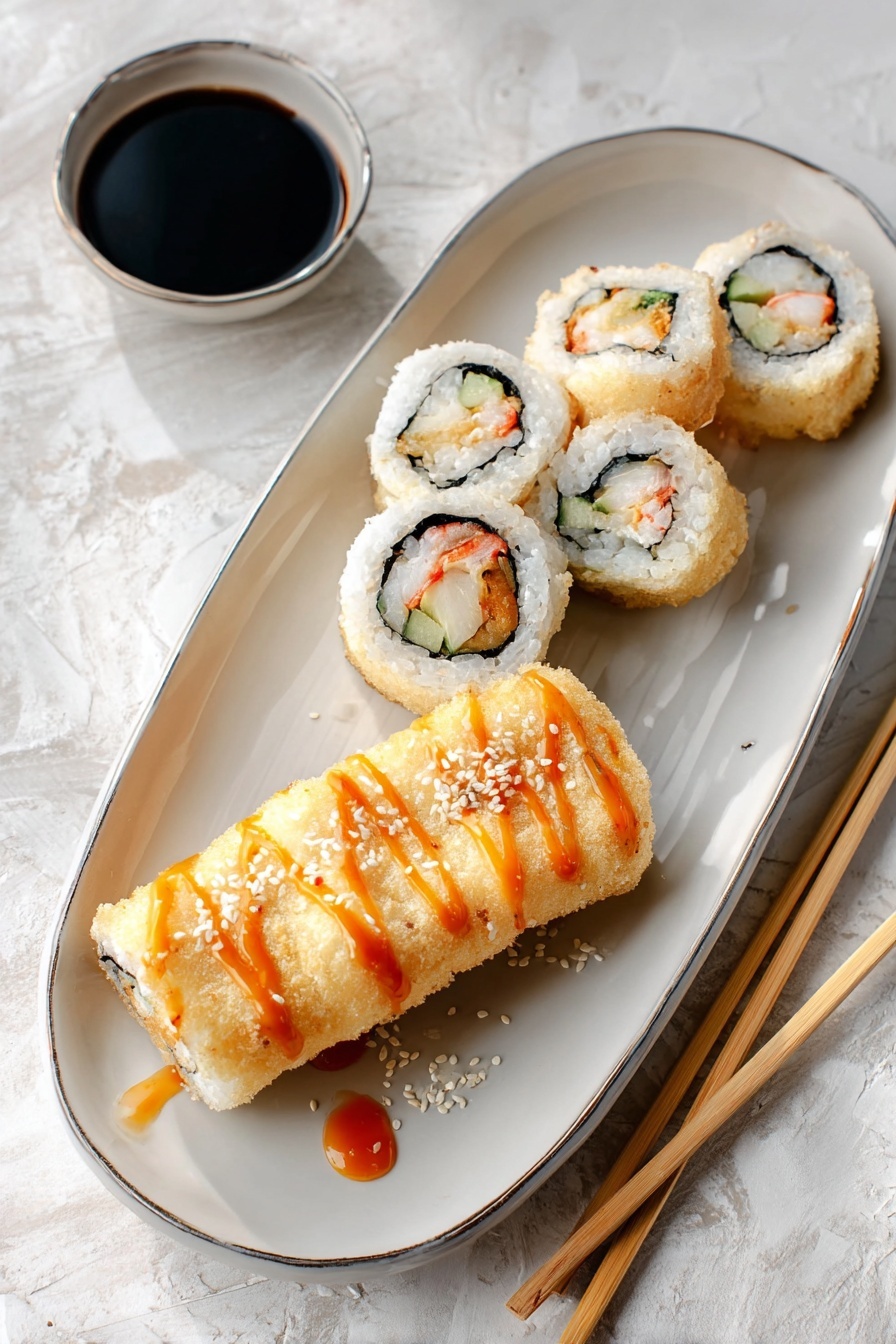 The image shows three pieces of sushi rolls on a white plate with a white marbled surface underneath. Each roll has four layers: the outermost layer is a light yellow thin batter with some white sesame seeds sprinkled on top, followed by a thin black seaweed layer inside. Inside the seaweed layer, there is white sticky rice surrounding the inner fillings. The innermost fillings include pieces of light pink crab stick, green cucumber, and some white cream or sauce. To the left side of the rolls on the plate, there is a triangular fried item with a drizzle of orange sauce on top. In the background, there are two small stacked white bowls. photo taken with an iphone --ar 2:3 --v 7 - Godzilla Shrimp Tempura Roll, Shrimp Tempura Sushi Roll, Crispy Shrimp Roll, Homemade Sushi Rolls, Sushi Recipes for Beginners