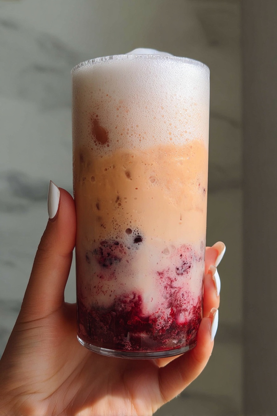 A clear glass filled with a creamy pink drink with small dark pieces inside, topped with a layer of thick white foam that almost reaches the rim. The glass is held by a woman's hand with white painted nails in the bottom right corner. In the background, there is another similar glass with a straw, two red soda cans, and a small white bowl with dark red cherries, all placed on a white marbled surface with a blurred vase holding green and brown flowers and a lit gray candle behind. photo taken with an iphone --ar 2:3 --v 7 - Cherry Soda with Vanilla Cream Cold Foam, Cherry soda drink, vanilla cold foam recipe, refreshing soda beverages, homemade flavored soda