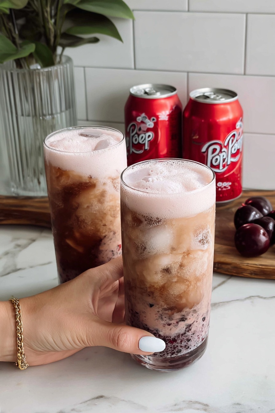 A tall clear glass filled with a three-layer iced drink is shown being held by a woman's hand with white nail polish. The bottom layer is a mix of dark red and purple crushed berries with a rough texture. Above that is a thick, light orange layer that looks creamy and smooth, with small bits of berries floating inside. The top layer is a thick white foam with bubbles at the rim of the glass. The background is a white marbled texture. Photo taken with an iphone --ar 2:3 --v 7 - Cherry Soda with Vanilla Cream Cold Foam, Cherry soda drink, vanilla cold foam recipe, refreshing soda beverages, homemade flavored soda