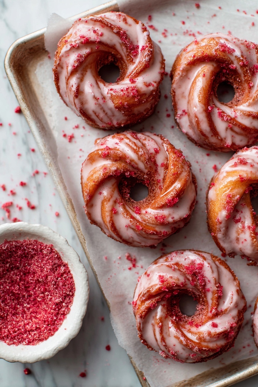 The image shows six round, twisted donuts on a white tray with parchment paper. Each donut has a light pink shiny glaze drizzled over the top and is dusted with red crumbs. There is a small white bowl filled with the same red crumbs at the bottom left corner. The background is a white marbled texture. photo taken with an iphone --ar 2:3 --v 7 - Strawberry Glazed French Crullers, French Crullers Recipe, Strawberry Glazed Pastry, Homemade French Crullers, Easy French Crullers