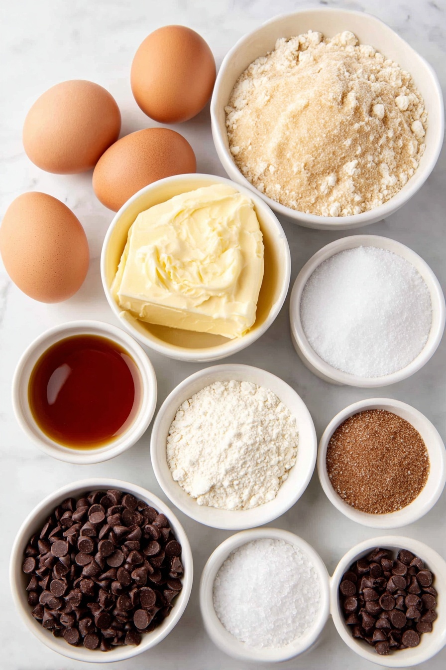 Flat lay of a small pool of golden brown butter with browned bits, a small white ceramic bowl of packed light brown sugar, a small white ceramic bowl of granulated sugar, two whole large eggs with clean shells, a small white ceramic bowl of pale beige sourdough discard, a small white ceramic bowl of rich amber vanilla extract, a small white ceramic bowl filled with all-purpose flour, a small white ceramic bowl containing white baking soda, a small white ceramic bowl with white baking powder, a small white ceramic bowl holding white flaky sea salt, a small white ceramic bowl with light brown ground cinnamon, and a small white ceramic bowl filled with dark semi-sweet chocolate chips — all arranged with perfect symmetry on a clean white marble surface, soft natural light, photo taken with an iPhone, professional food photography style, fresh ingredients, white ceramic bowls, no bottles, no duplicates, no utensils, no packaging --ar 2:3 --v 7 --p m7354615311229779997 - Brown Butter Sourdough Discard Chocolate Chip Cookies, sourdough discard cookies, brown butter cookie recipe, easy sourdough desserts, flavorful chocolate chip cookies