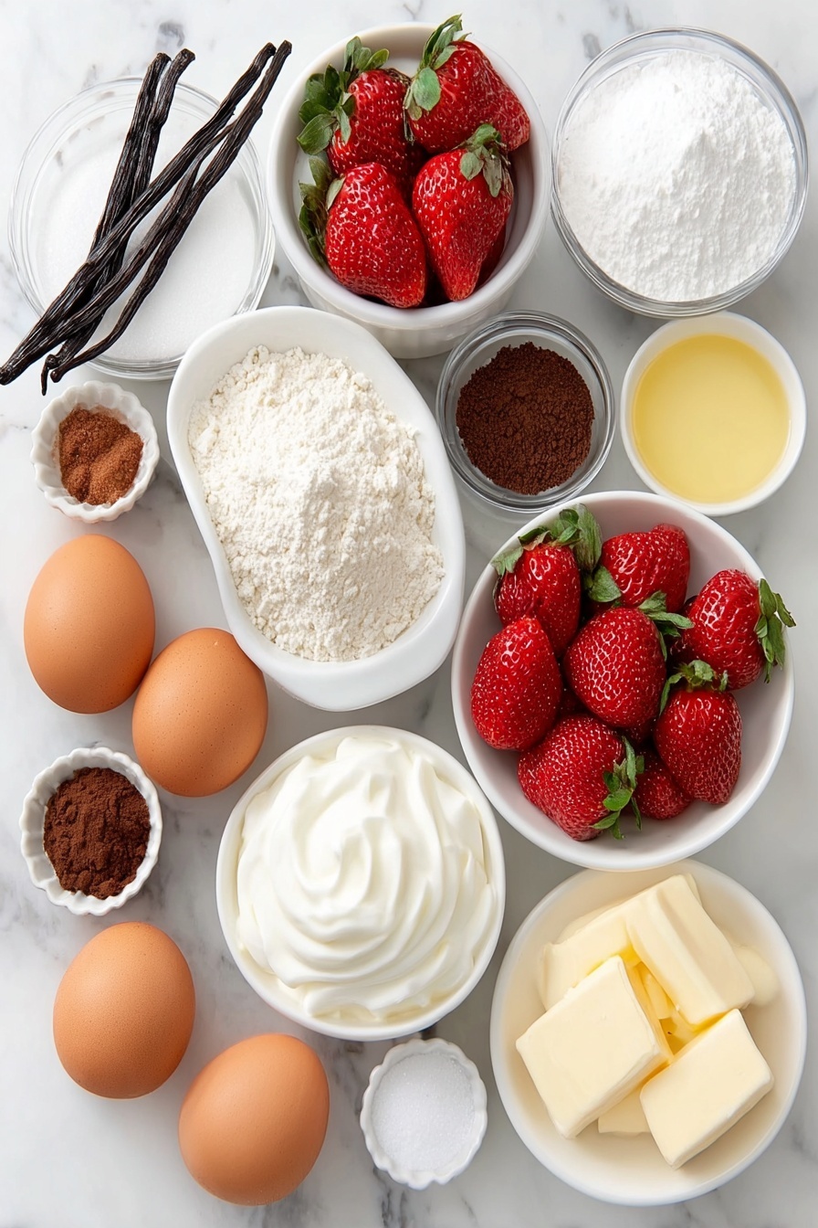 Flat lay of a small mound of all-purpose flour, two large brown eggs with uncracked shells, a small white bowl of white granulated sugar, a small white bowl of sour cream, a small white bowl of melted unsalted butter, a few fresh vanilla beans pods, a small white bowl of milk, a quarter teaspoon pile of nutmeg powder, a small white bowl of baking powder, a small white bowl of baking soda, a pinch of salt crystals, fresh washed strawberries quartered, a small white bowl overflowing with powdered sugar, and a small white bowl containing a small amount of milk, all arranged with perfect symmetry and realistic proportions in simple white ceramic bowls and plates placed on a clean white marble surface, soft natural light, photo taken with an iPhone, professional food photography style, fresh ingredients, white ceramic bowls, no bottles, no duplicates, no utensils, no packaging --ar 2:3 --v 7 --p m7354615311229779997 - Strawberry Glazed Donuts, homemade strawberry donuts, easy donut recipe, fruity glazed donuts, soft berry donuts