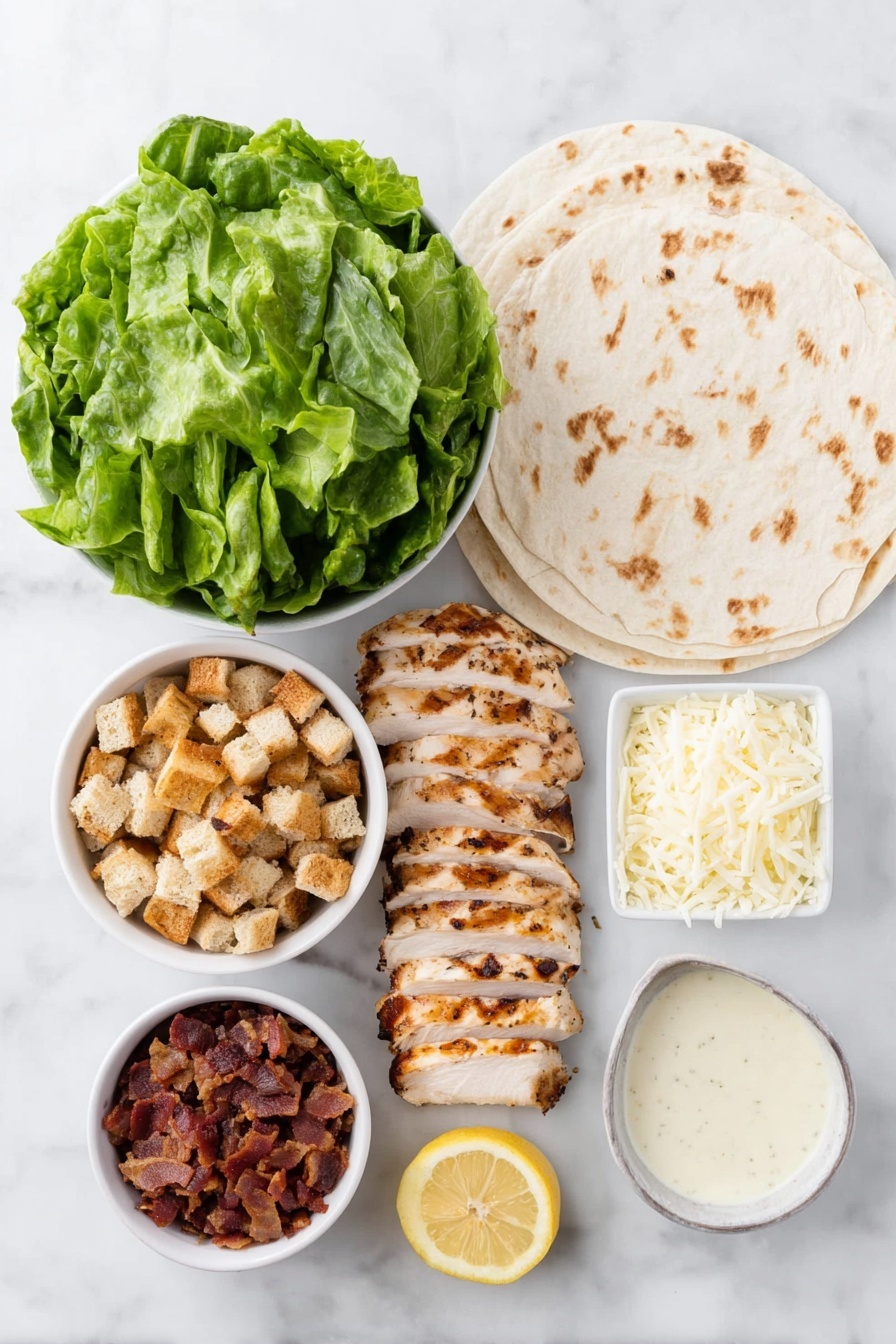 Flat lay of four large plain flour tortillas laid flat, fresh bright green romaine lettuce leaves, two grilled chicken breasts sliced into strips with golden char marks, small white ceramic bowl with finely grated pale parmesan cheese, small white ceramic bowl filled with halved vibrant red cherry tomatoes, small white ceramic bowl holding crunchy golden-brown croutons, small white ceramic bowl containing smoky brown bacon bits, small white ceramic bowl with creamy off-white Caesar dressing, small white ceramic bowl with fresh lemon wedges, small white ceramic bowl with a pinch of black pepper, small white ceramic bowl with garlic powder, all ingredients arranged symmetrically on a clean white marble surface, soft natural light, photo taken with an iPhone, professional food photography style, fresh ingredients, white ceramic bowls, no bottles, no duplicates, no utensils, no packaging --ar 2:3 --v 7 --p m7354615311229779997 - Chicken Caesar Wraps, Caesar salad wraps, quick chicken wraps, easy lunch ideas, family-friendly chicken wraps