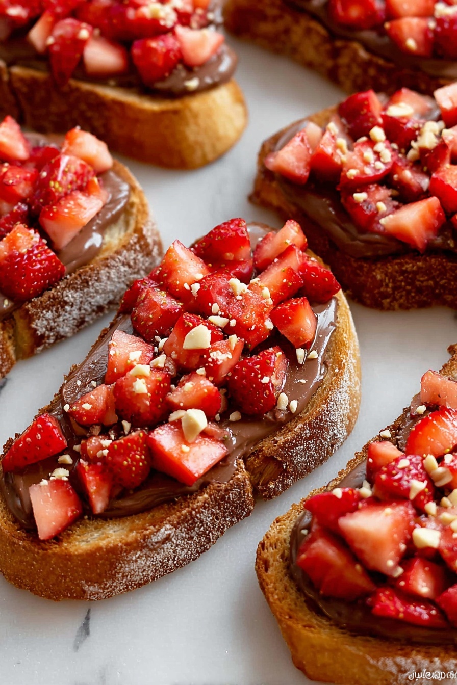 The image shows several slices of toasted bread with three layers each. The base layer is the toasted bread, light brown and crispy. On top of the bread is a thick spread of smooth, dark brown chocolate or hazelnut spread, covering the whole surface evenly. The top layer consists of small, bright red diced strawberries scattered generously. Some crushed light tan nuts are sprinkled on the strawberries. The slices are arranged on a white marbled surface. photo taken with an iphone --ar 2:3 --v 7 - Strawberry Nutella Bruschetta, easy fruit dessert, quick sweet appetizer, chocolate strawberry snack, no-bake fruit topping