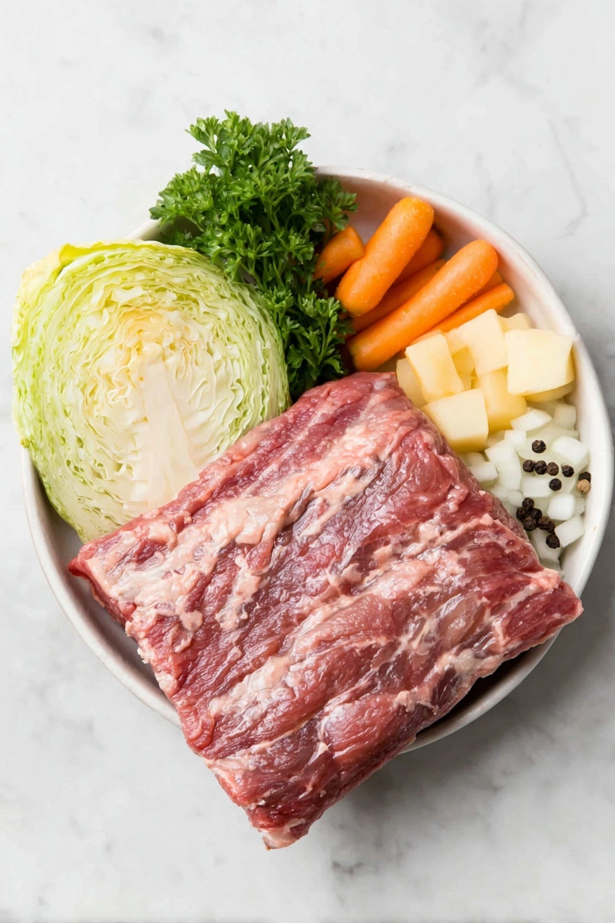 Flat lay of a fresh, lean corned beef brisket with trimmed fat, a small head of green cabbage cut into six wedges, two peeled medium carrots cut into chunks, two peeled medium parsnips cut into chunks, a small pile of frozen pearl onions, a small bunch of finely chopped fresh parsley, two whole bay leaves, and a few whole black peppercorns arranged neatly in a simple white ceramic bowl, all placed on a clean white marble surface, soft natural light, photo taken with an iPhone, professional food photography style, fresh ingredients, white ceramic bowls, no bottles, no duplicates, no utensils, no packaging --ar 2:3 --v 7 --p m7354615311229779997 - Crock Pot Corned Beef and Cabbage, slow cooker corned beef recipe, easy corned beef and cabbage, tender corned beef meal, brined beef and cabbage dish