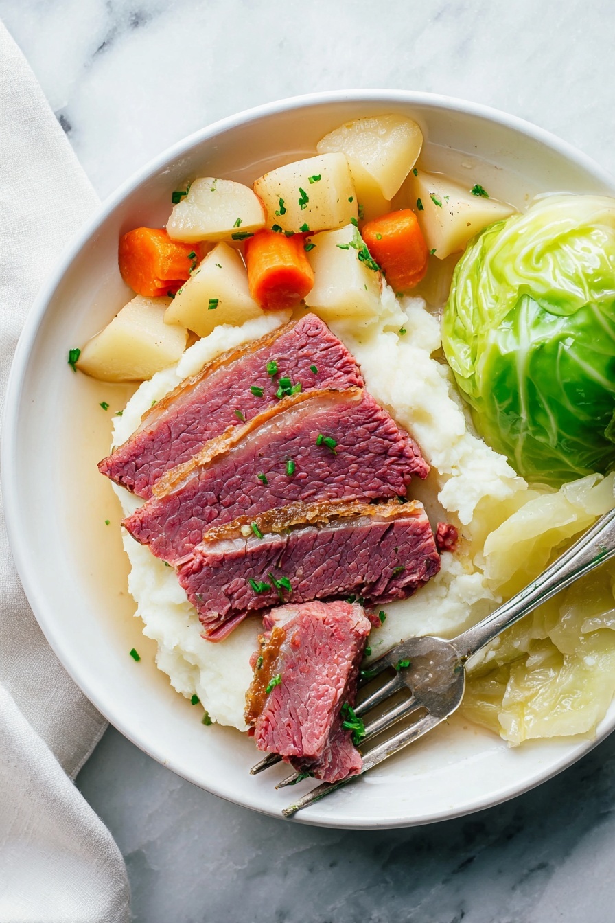 A white plate sits on a white marbled surface holding three thick slices of pink corned beef with a brown edge placed on a bed of smooth white mashed potatoes. To the left of the beef are small chunks of soft-looking orange carrots and light yellow potatoes mixed with pearl onions. To the right side of the plate, a portion of cooked green cabbage leaves is neatly folded. A silver fork rests diagonally on the mashed potatoes with one piece of beef pierced on its prongs and a touch of green garnish scattered lightly over the entire dish. photo taken with an iphone --ar 2:3 --v 7 - Crock Pot Corned Beef and Cabbage, slow cooker corned beef recipe, easy corned beef and cabbage, tender corned beef meal, brined beef and cabbage dish