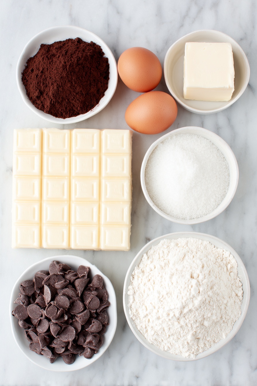 Flat lay of a small pile of rich unsalted butter sticks, a mound of granulated sugar, a heap of dark cocoa powder, a small white bowl filled with creamy Baileys Irish Cream, a pinch of coarse kosher salt, two large whole brown eggs with clean shells, a small white bowl of vanilla extract, a scattering of glossy semisweet chocolate chips, a small mound of all-purpose flour, a square of fresh cream cheese, a small pat of unsalted butter at room temperature, a pile of powdered sugar in a white ceramic bowl, placed on a clean white marble surface, soft natural light, photo taken with an iPhone, professional food photography style, fresh ingredients, white ceramic bowls, no bottles, no duplicates, no utensils, no packaging --ar 2:3 --v 7 --p m7354615311229779997 - Baileys Irish Cream Brownies, Irish Cream brownies, Fudgy Baileys brownies, Baileys chocolate dessert, boozy brownie recipes