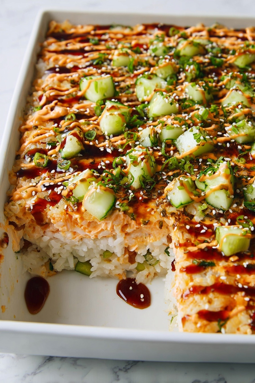 The image shows a white rectangular dish with a multi-layered food inside. The bottom layer is white rice mixed with small green bits. The middle layer appears to be a light orange creamy mixture that looks soft and fluffy. On top, there are evenly spread small cubes of green cucumber and fresh green herbs sprinkled all over. The top is finished with two sauces drizzled in lines: one creamy light orange and the other a dark brown shiny sauce. Some sesame seeds or small white seeds are scattered over the top. A section of the dish has been scooped out, showing the layers clearly against a white marbled surface. photo taken with an iphone --ar 2:3 --v 7 - Crab Sushi Bake, sushi casserole, easy sushi dinner, seafood casserole recipes, crab seafood bake
